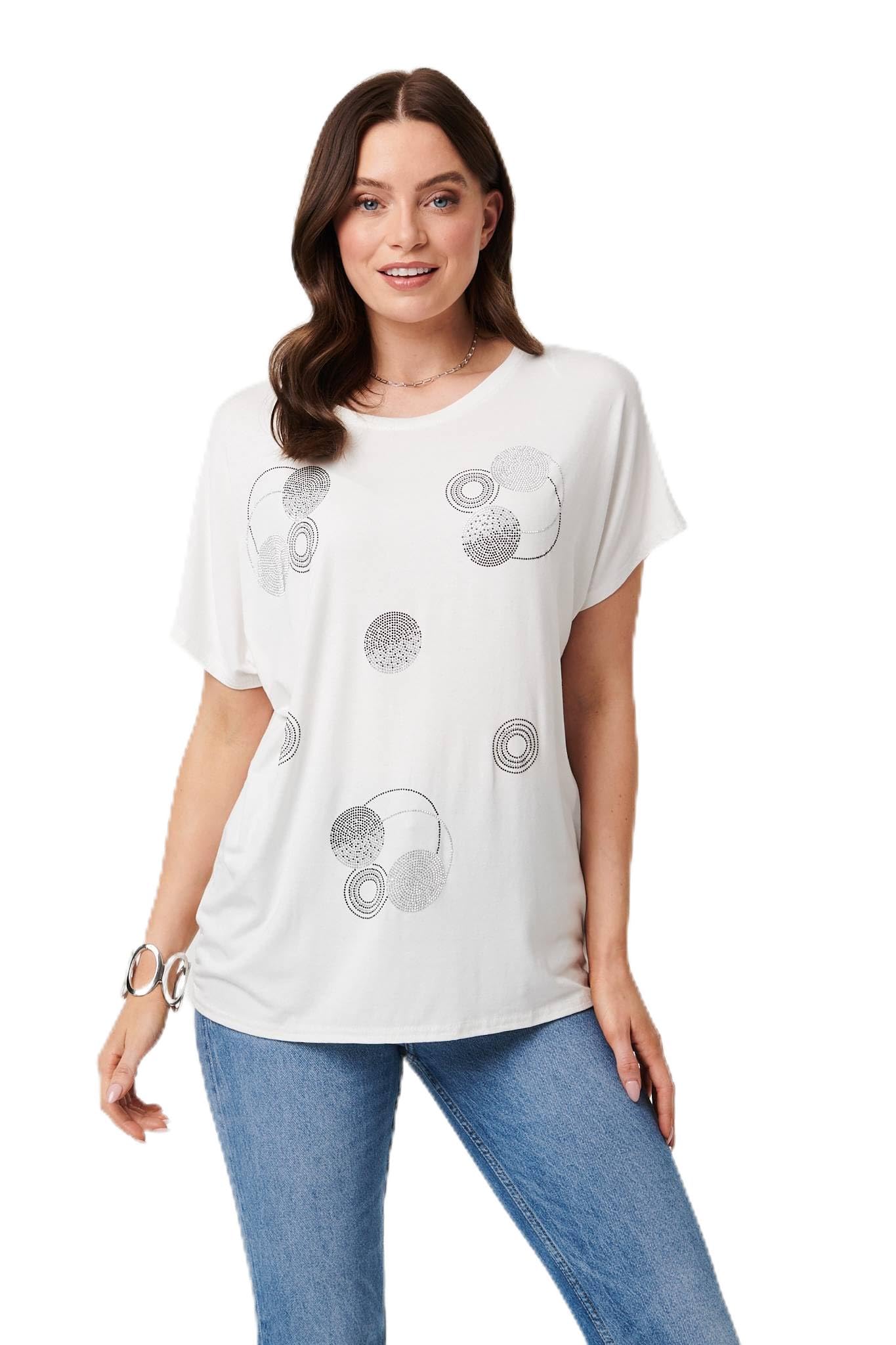 Izabel London Women's White Sparkly Graphic Print Relaxed T-Shirt In | Size: 8