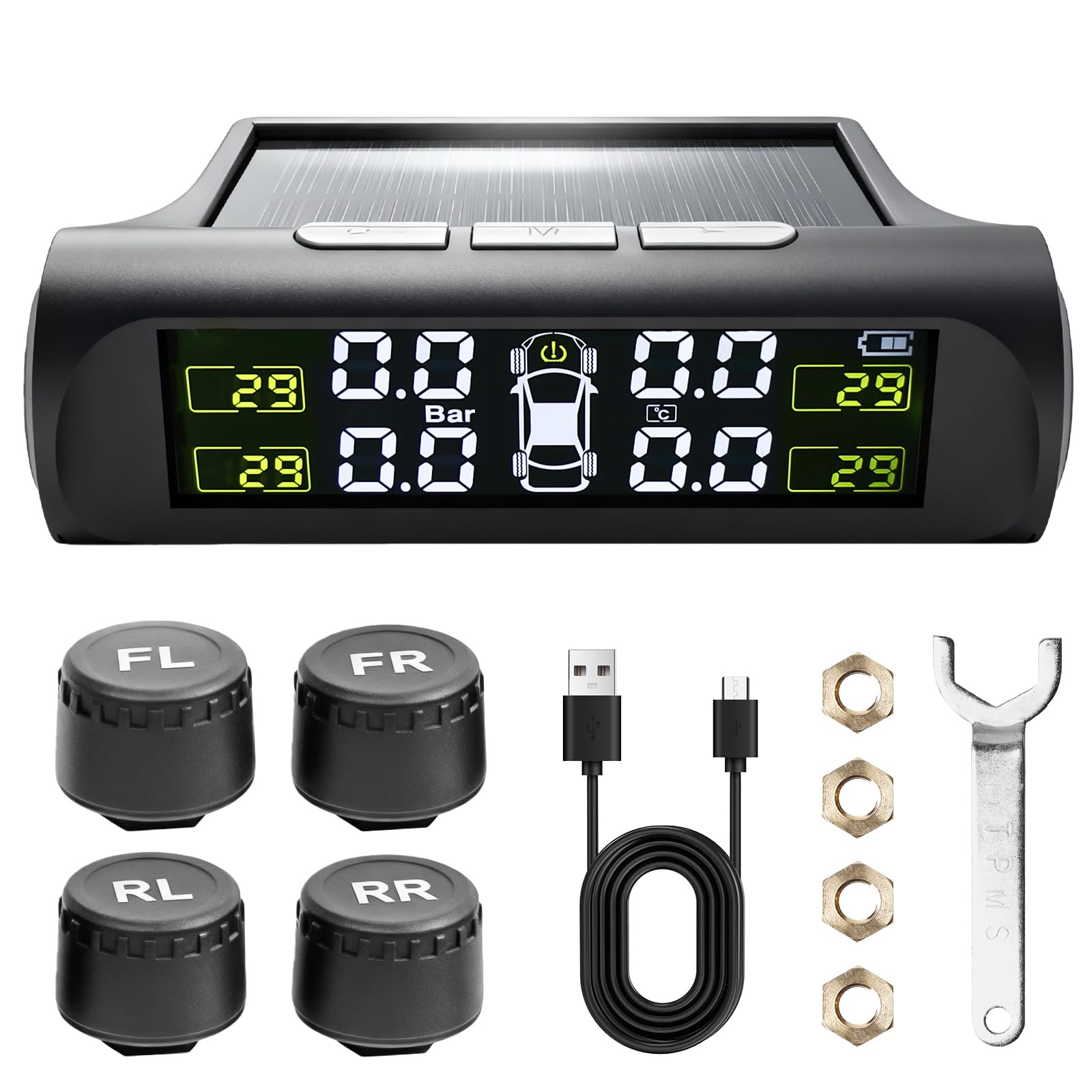 GBKDQQ TPMS Système de contrôle de la pression des pneus avec 4 capteurs externes, alarme de température et de véhicule, système de contrôle de pression des pneus à énergie solaire, affichage