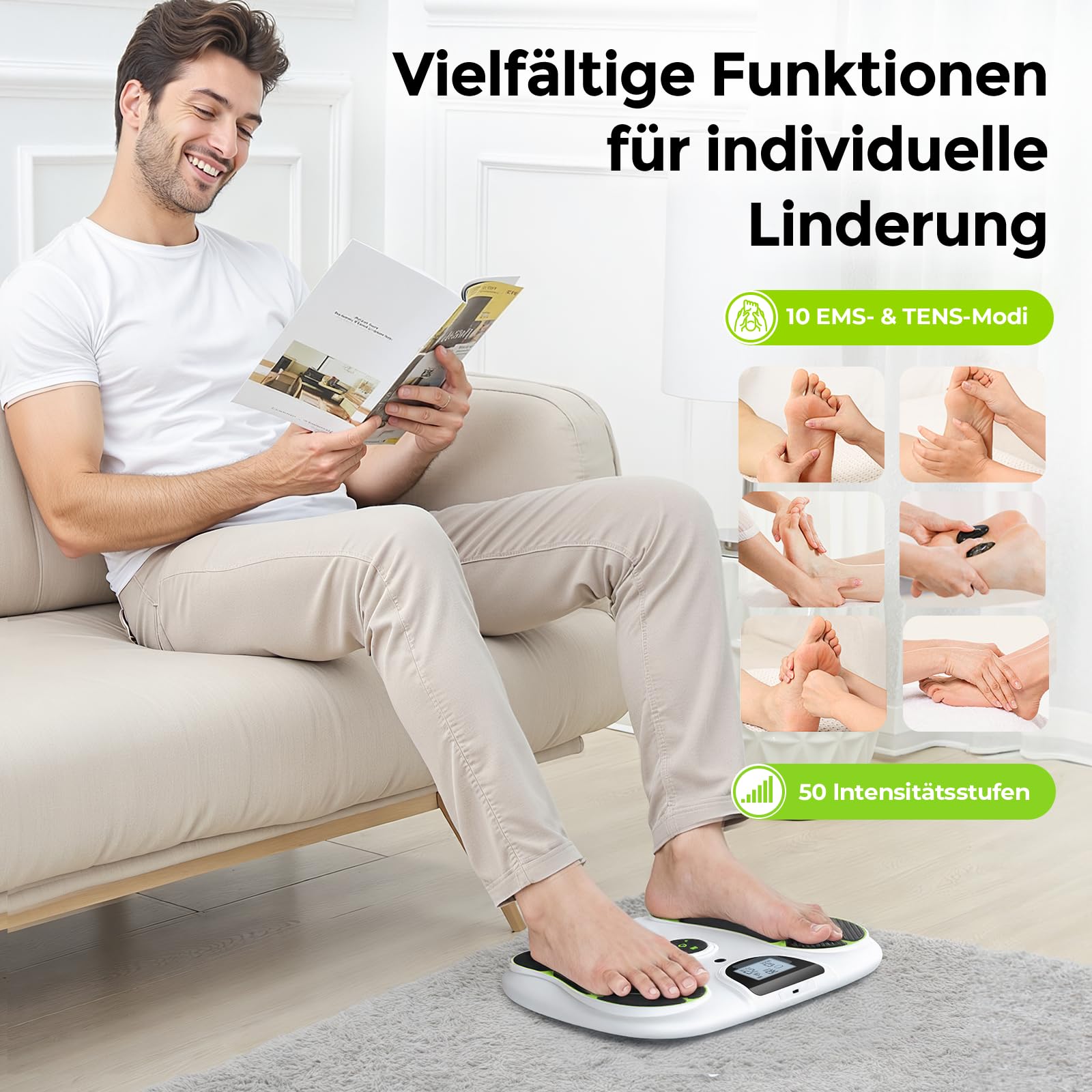 AUVON TENS & EMS Durchblutungs-Stimulator für Schmerzen & Durchblutung, 10 Modi 50 Intensitätsstufen 40h Akkulaufzeit, EMS Fußmassagegerät für medikamentenfreie Entlastung für Senioren/Stehende Berufe