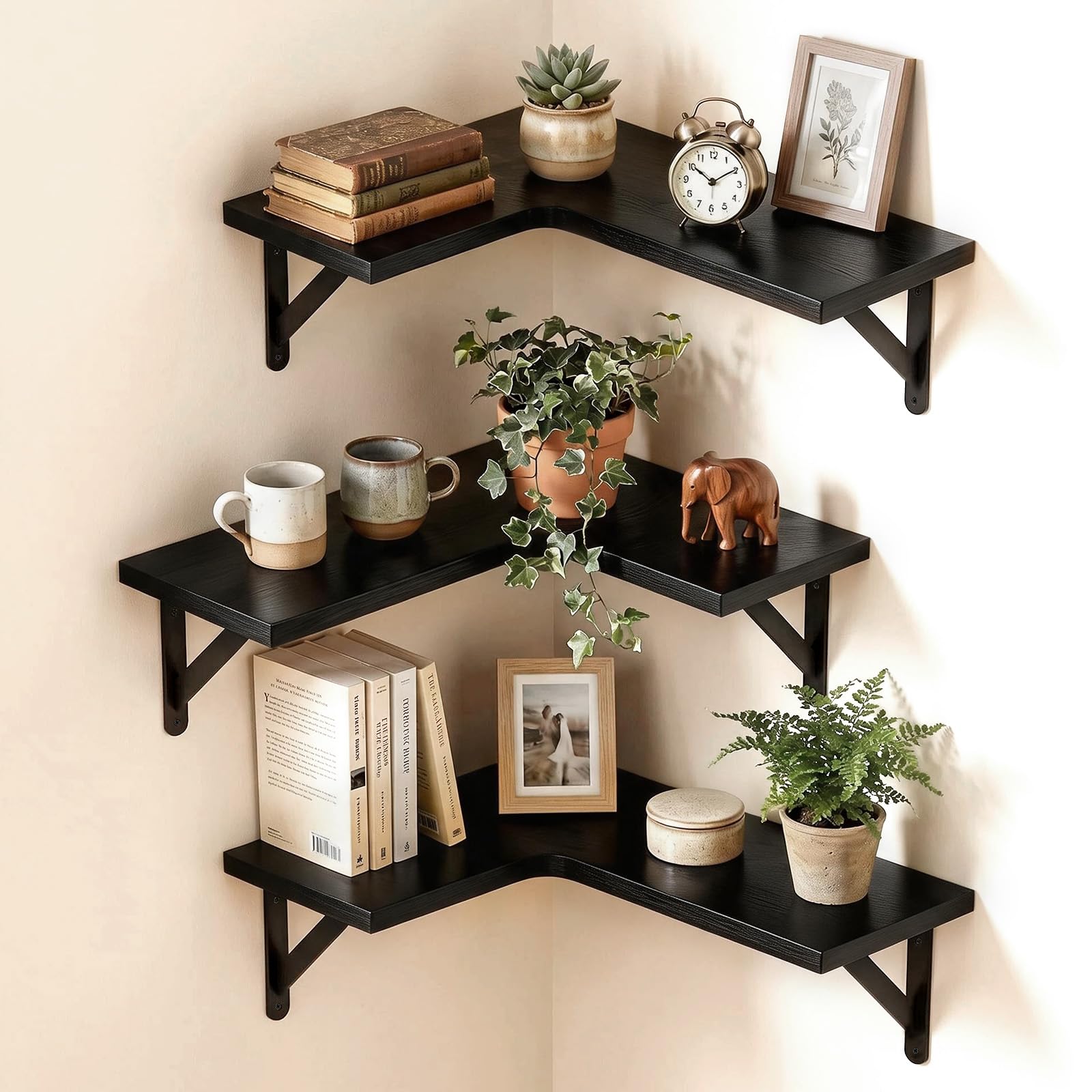 Floating Shelves for Wall Mounted Shelf Set of 2, L-Shaped Corner Shelves for Wall, Wooden Floating Shelvess Shelf for Walls, Wood Shelving Display Book, for Living Room Display, Office (Black)