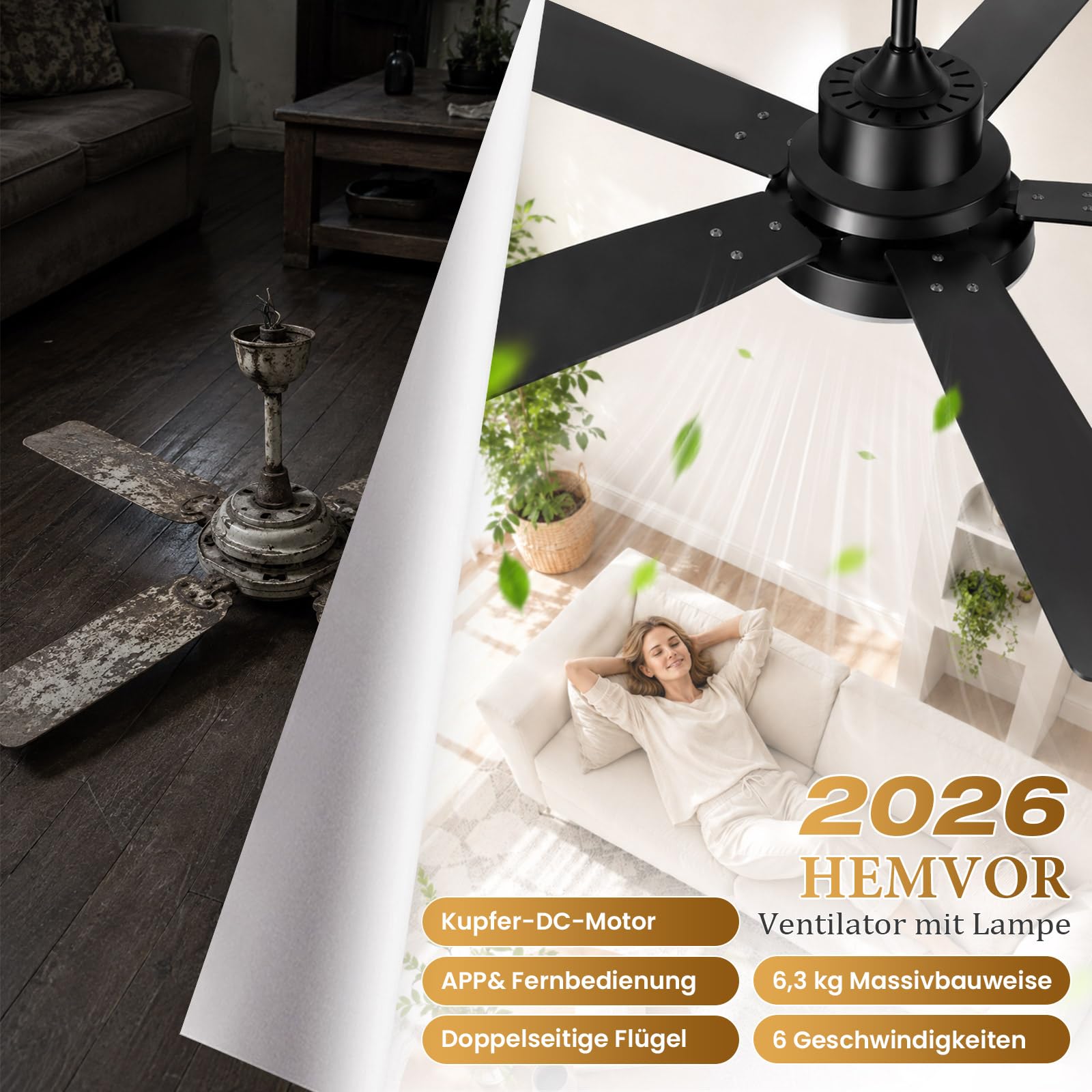 Smart Deckenventilator mit Licht Leise φ132cm Doppelseitige Flügeln & App | Ventilator mit Fernbedienung, DC Motor, Timer, Dimmbar 3000K-6500K, 6 Stufen Reversibel für Schlafzimmer Wohnzimmer