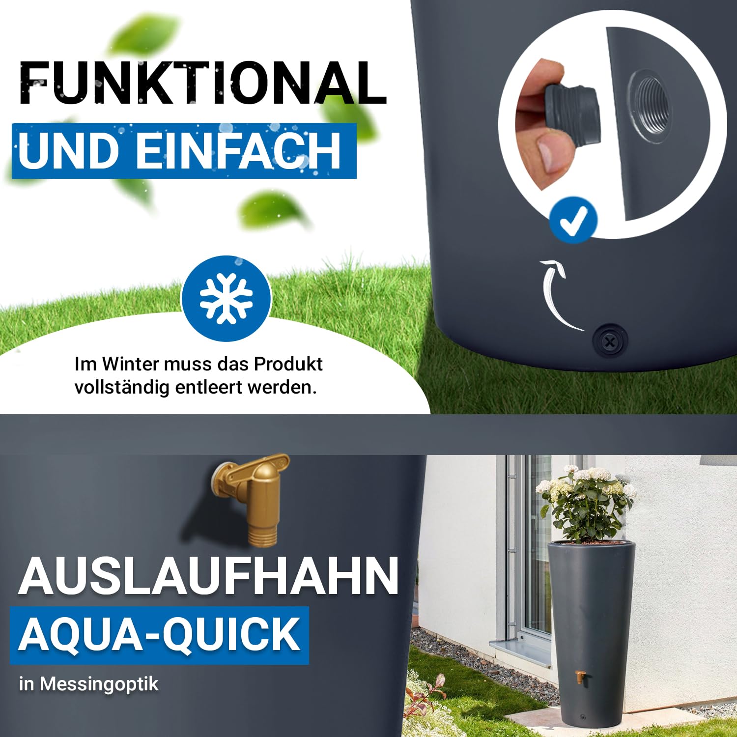 4rain Vaso 2in1 Regentonne 220 Liter Graphite Grey inkl. Kunststoff-Auslaufhahn und Fallrohranschluss - schlanke Regentonne für den Garten - modernes Design mit Pflanzschale und klarer Gestaltung