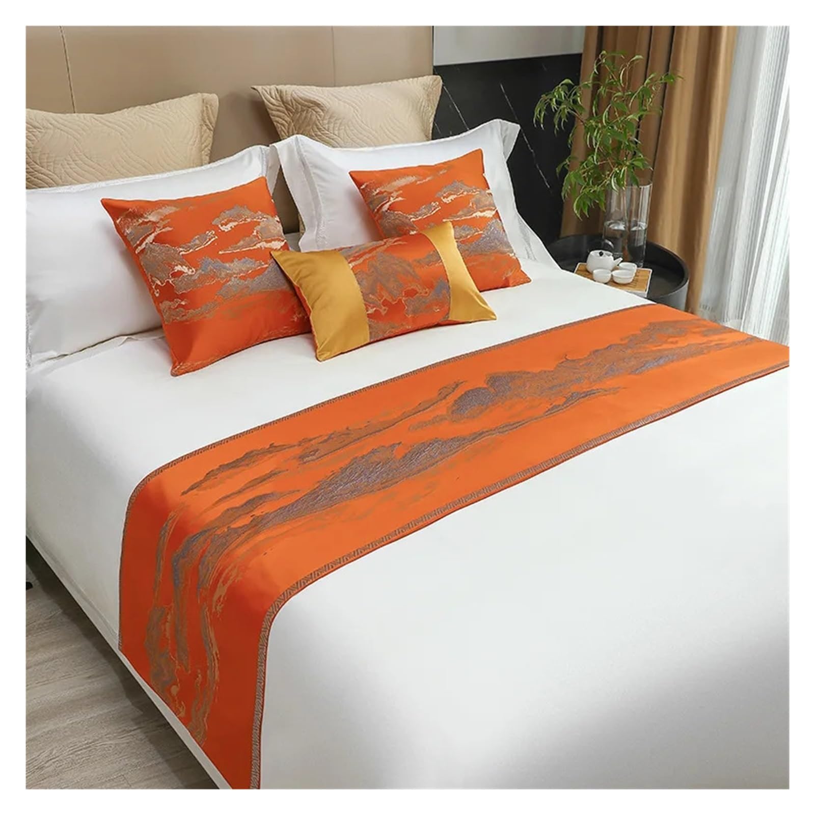 SHENJMAI Bed Runner Landscape Printed Bed Flag Hotel Decor for Home Parlor Wedding Bedding Pillowcase(Orange,45x240cm runner X1)