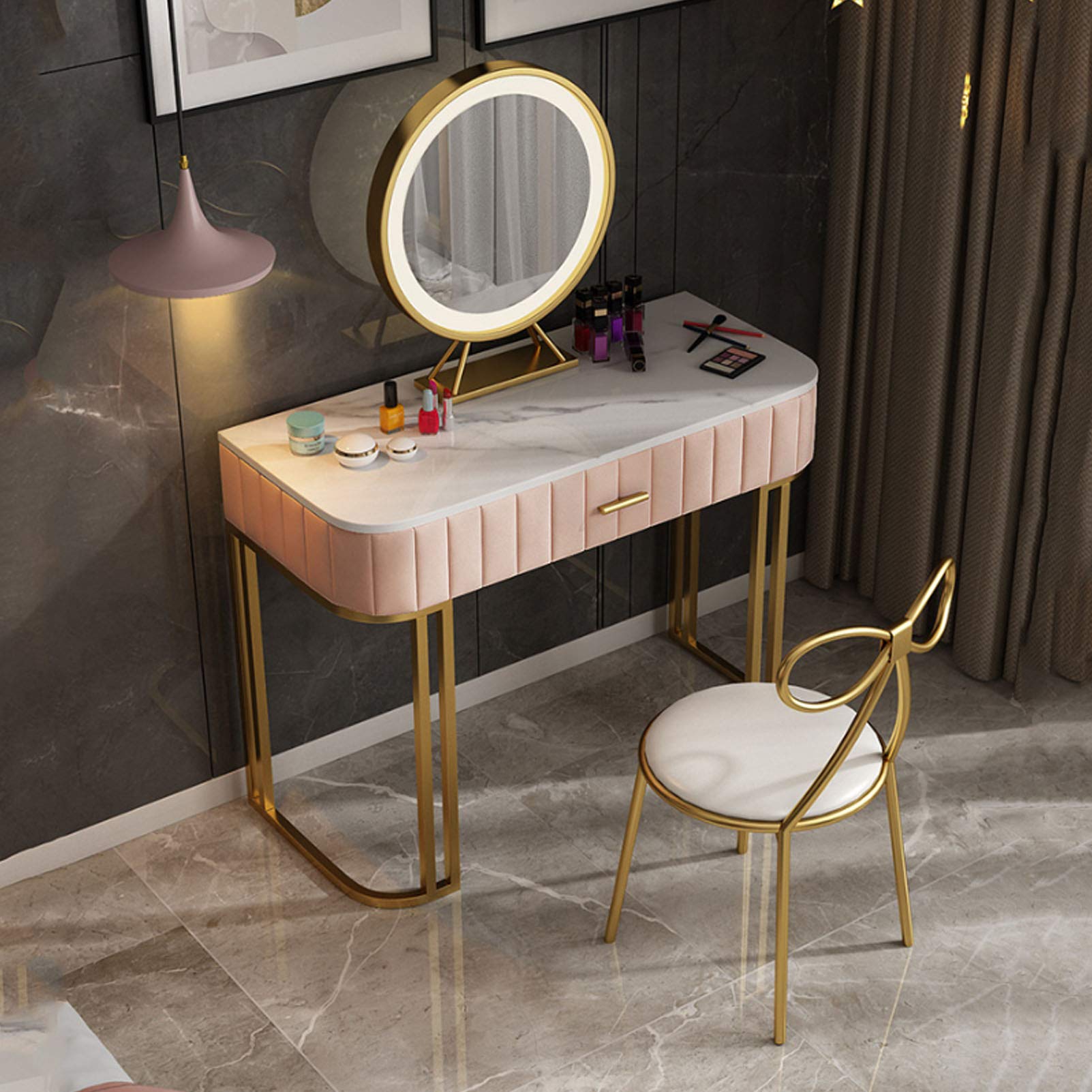 Amazon.com: Natliedop Marble Vanity Table Set,Makeup Table with Adjustable  Brightness Mirror & Cushioned Stool, Bedroom Dressing Table with Silent  Rail Storage Drawers Dressing Table (Pink,Gray,Blue) : Home & Kitchen