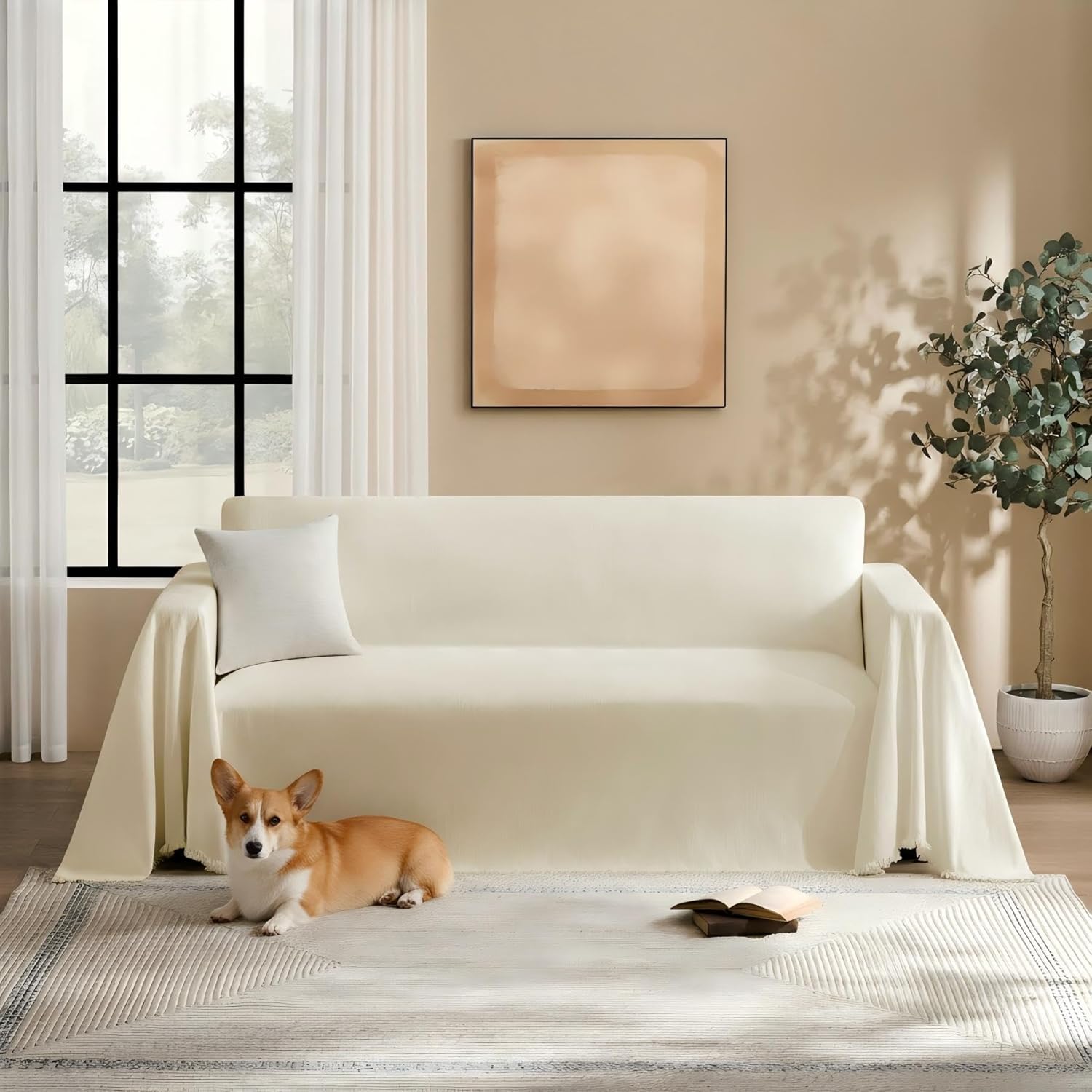 Sectional Couch Cover for Dogs Sofa Covers Washable for 2 Cushion Couch, Chenille Couch Cover Blanket, Sectional Sofa Slipcovers, Multi-Use Furniture Protector for Kids, Pets, 71" X118", Beige 71" x 118" Beige