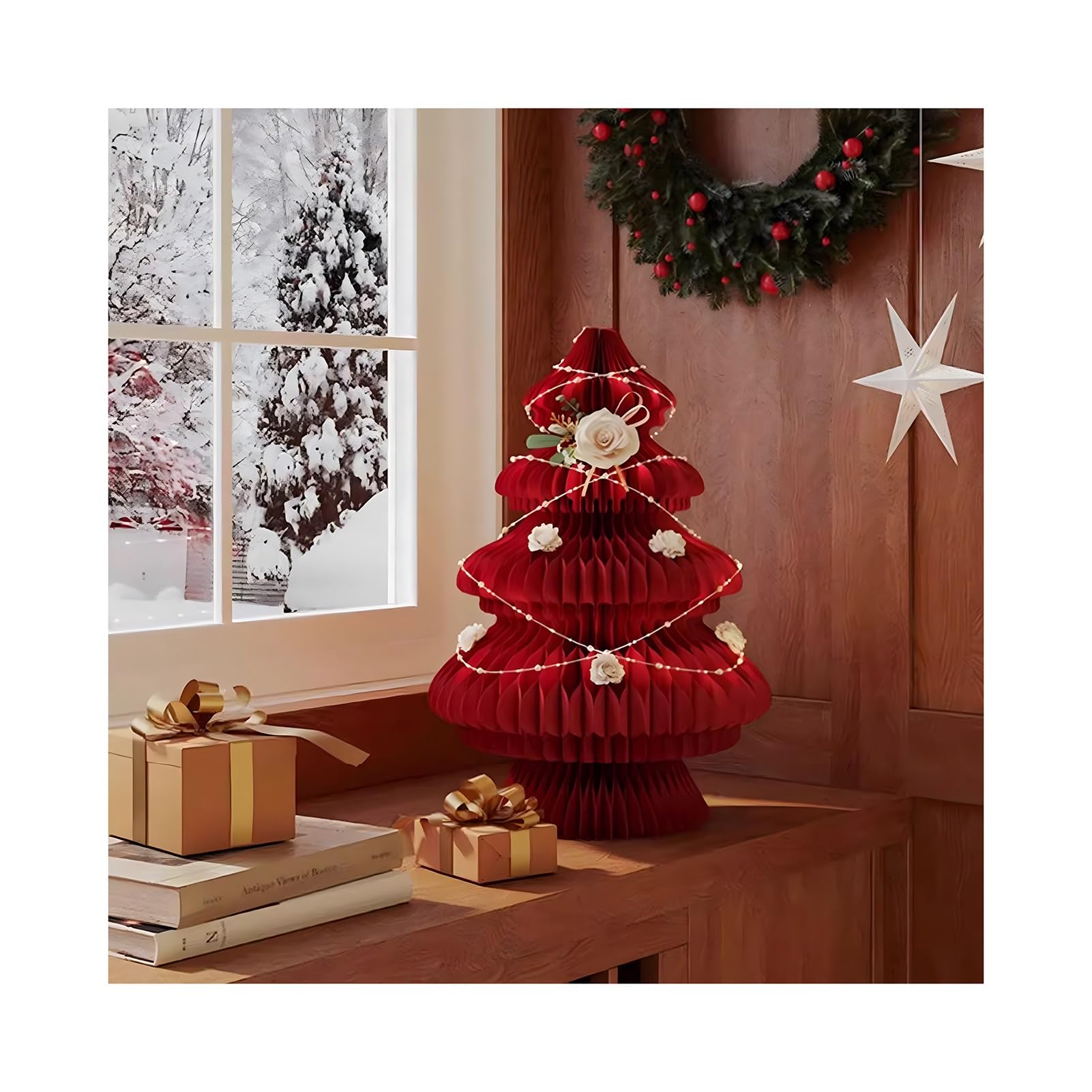 Árbol De Navidad De Papel Plegable Rojo, Árbol De Navidad En Forma De Panal, Árboles De Navidad para Fiesta En Casa(14.1x21.2 in)