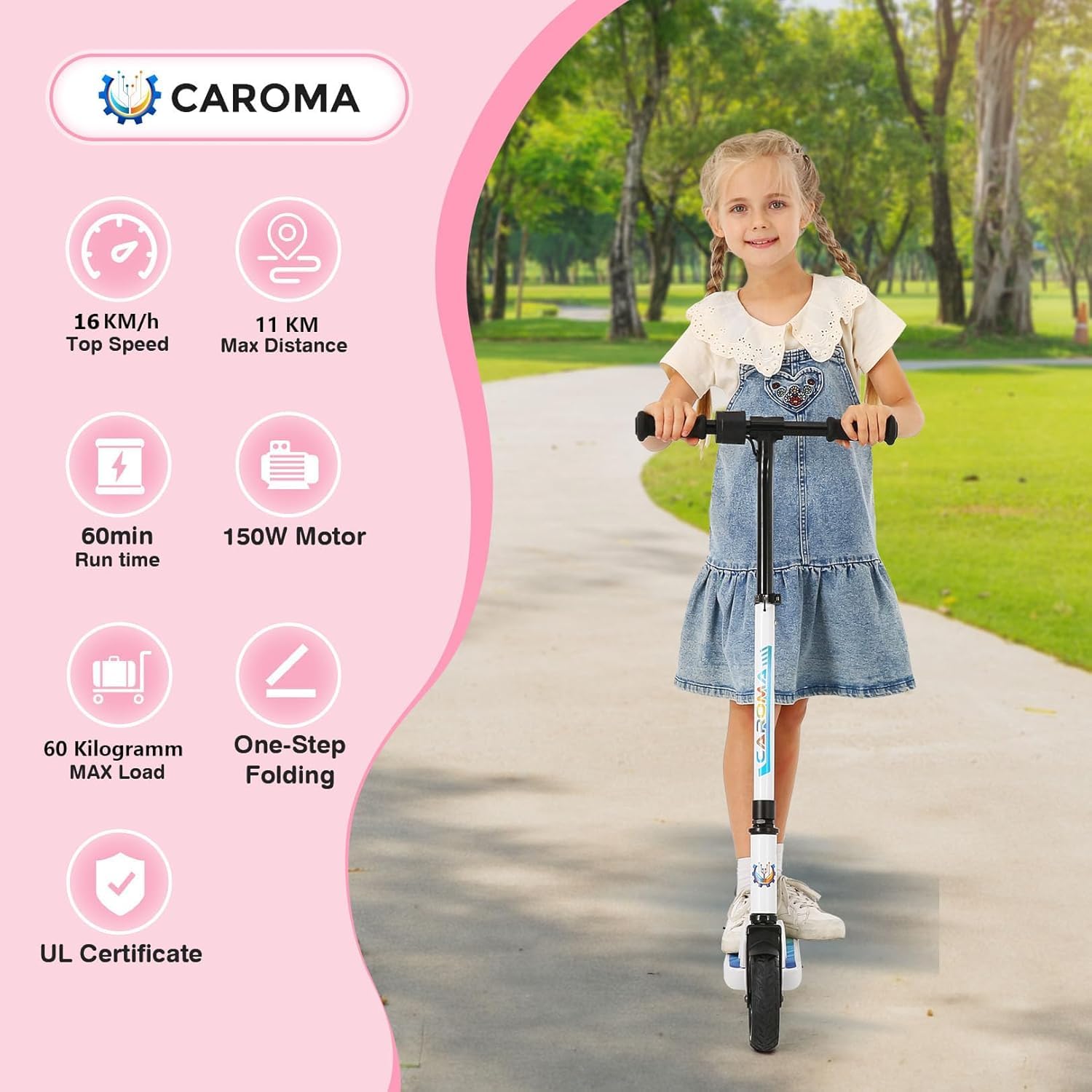Caroma Elektroroller für Kinder von 6-12 Jahren, 150W Motor bis 16 km/h, 12km Reichweite E Scooter, Faltbarer E Roller mit Bunte Leuchten & LED-Display, Einstellbare Geschwindigkeit & Höhe