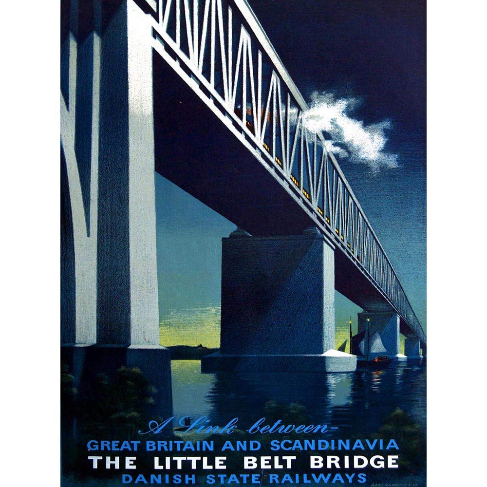 Wee Blue Coo Travel Rail Bridge Little Belt Denmark Scandinavia UK Danish Advert Art Print Poster Wall Decor 12X16 Inch