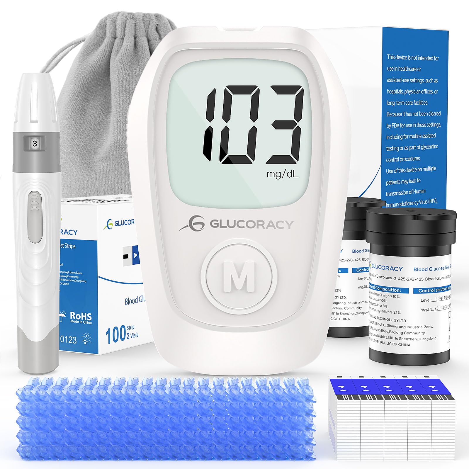 Glucoracy G-425 Blutzuckermessgerät-Set, Blutzuckertest-Set mit Stechhilfe, 100 Teststreifen und 100 Lanzetten, Glukosemessgerät für zu Hause, Diabetes-Selbsttest-Set für den Heimgebrauch