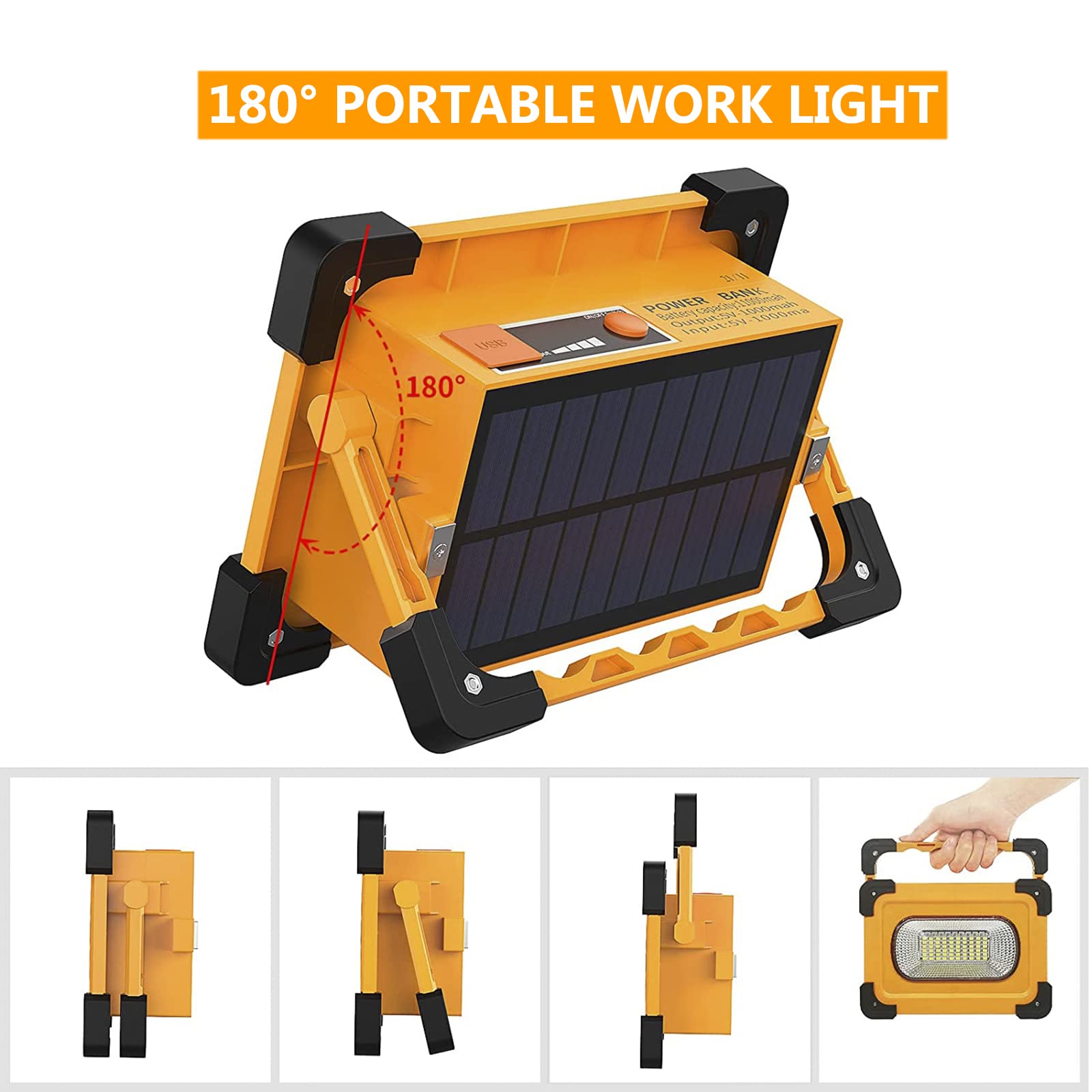 Foco LED Recargable Solar 80W, 3 Modos Linterna de Cámping LED Portátil con Panel Solar, Luz de Seguridad Impermeable para Emergencias, Reparación de Automóviles y Más