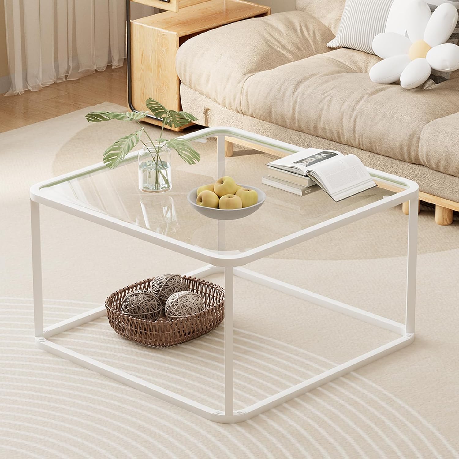 Coffee Table Glass, Minimalist Square Tables for Living Room, Modern Center Table for Office or Small Space, Sturdy Metal Frame, Easy Assembly, 26.4 x 26.4 x 15.7 Inches, White White Rectangular Table