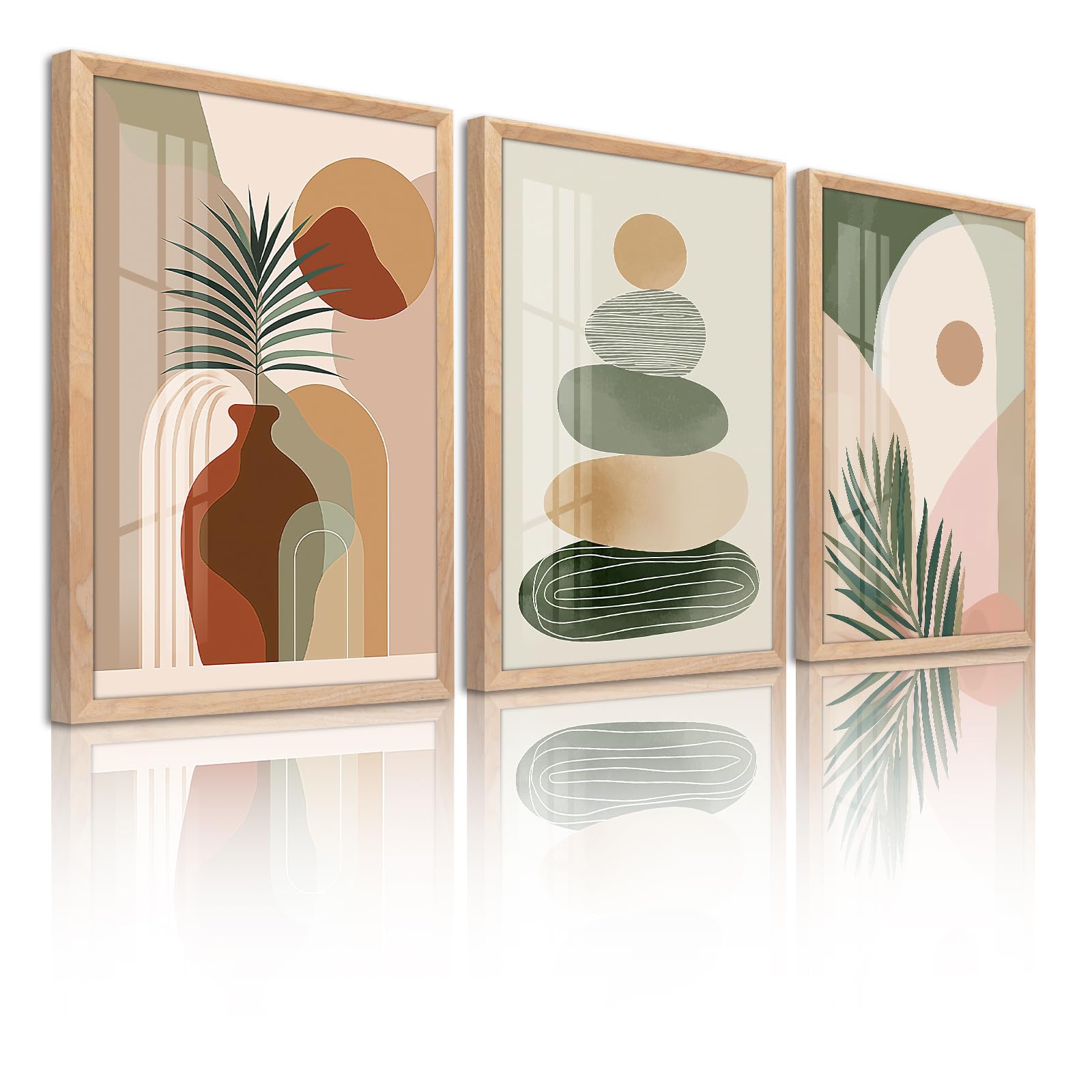 Sage Green Boho Wall Art, Framed Wall Decor for Living Room, 3 Piece Wall Art Decor, Mid Century Modern Minimalist Wall Art for Bedroom, Dining Room, Hotel, Office 24X36IN