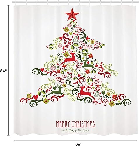 Miniatura 15 de Ambesonne Cortina de ducha de Navidad, estilo retro, palabras de deseos de Navidad con forma de árbol con adornos, juego de decoración de baño de