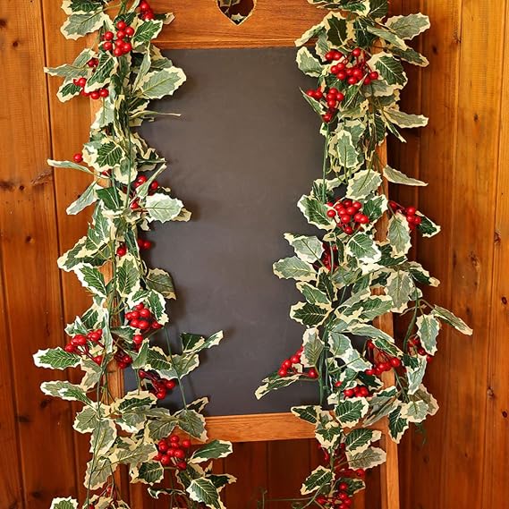 Pack of 2 Artificial Plants Garland with Red Berry Stems, Spring Garden Decor Room Balcony Wedding Decoration Green Plants Table Runner Christmas Decor