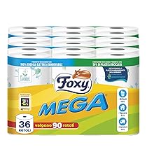 Foxy Mega | Carta igienica 36 rotoli| 480 strappi| Decorata |100% Energia elettrica rinnovabile| Confezione prodotta con plastica riciclata