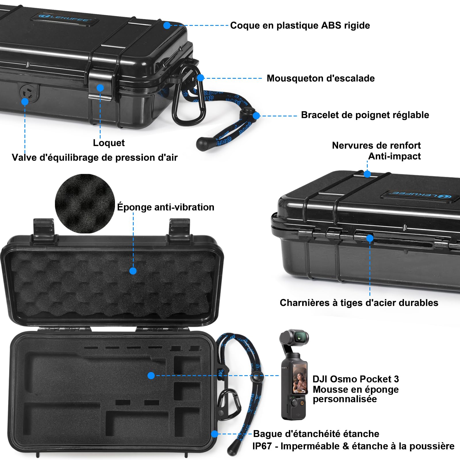 LEKUFEE Étui Rigide étanche pour DJI Osmo Pocket 4,DJI Pocket 3, Bundle Standard, Bundle Créateur, Bundle Essentiel, et Accessoires (Boîte Uniquement)
