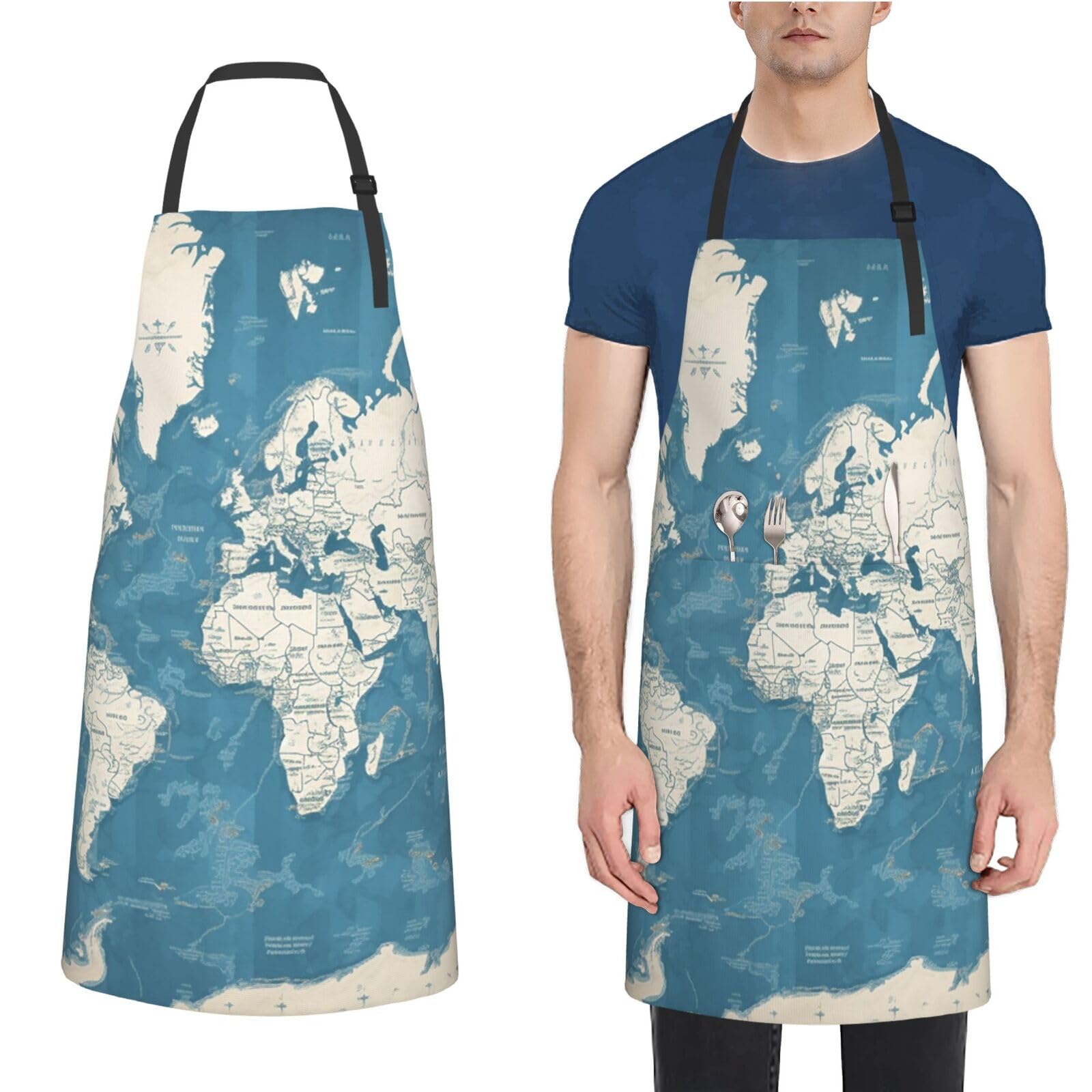 Xopekvlawm Unisex Blue Map Of The World Waterproof Apron Adjustable Bib Aprons With Pockets Apron Kitchen Aprons For Women Men