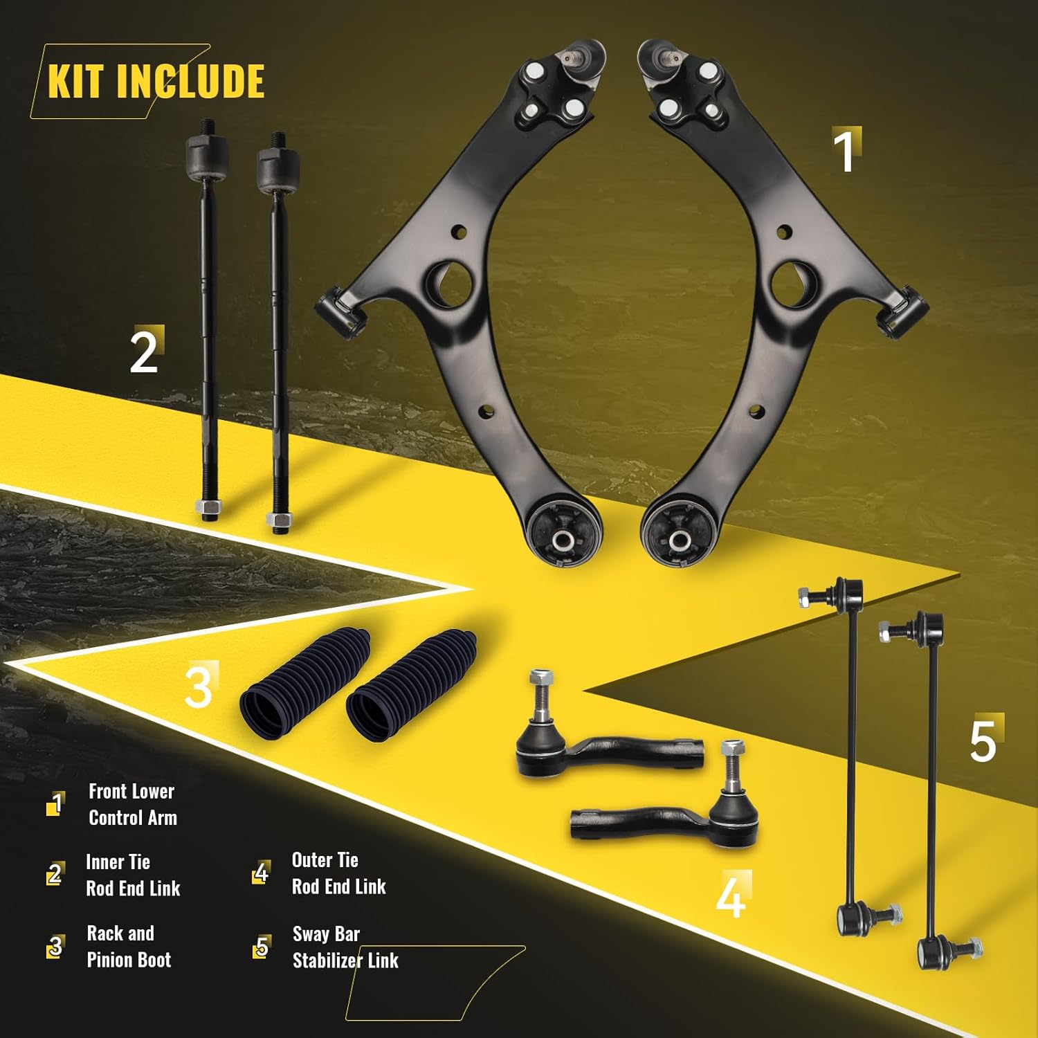 TUCAREST 10Pcs Suspension Kit Fit For 2005 2006 2007-2010 Sc-ion tC, Front Lower Control Arm w/Ball Joint + Outer Inner Tie Rod + Sway Bar + Boots [# MS86126 MS86127 K623913 K80230 EV800096 ES3655]