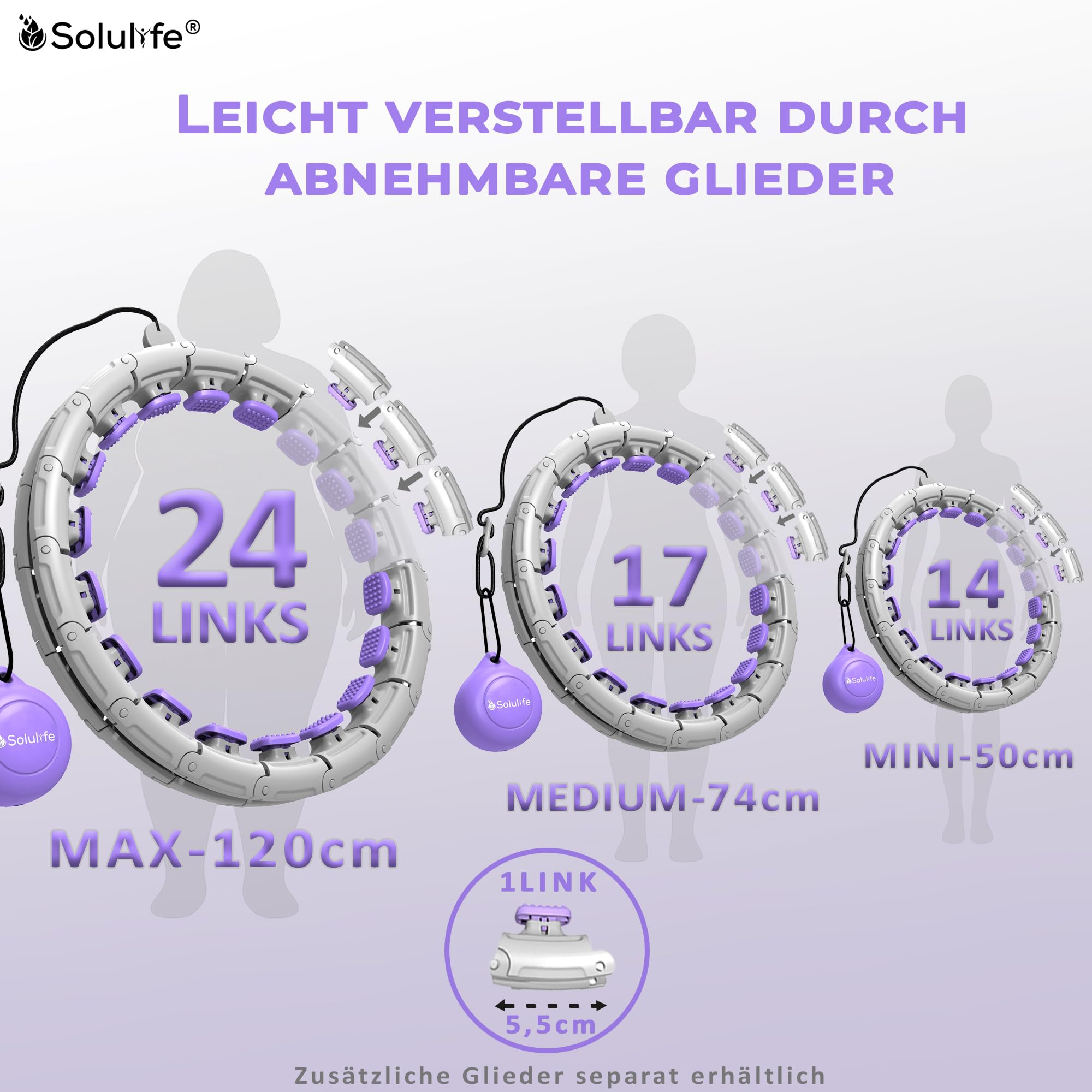 Hula Hoop Reifen Erwachsene – Hula Hoop mit Gewicht Kugel 400g, 24-teilig, verstellbar 50–120 cm, sitzt stabil, 360° Massage, Tasche/DE Anleitung/Challenge, hullahub Reifen zum abnehmen