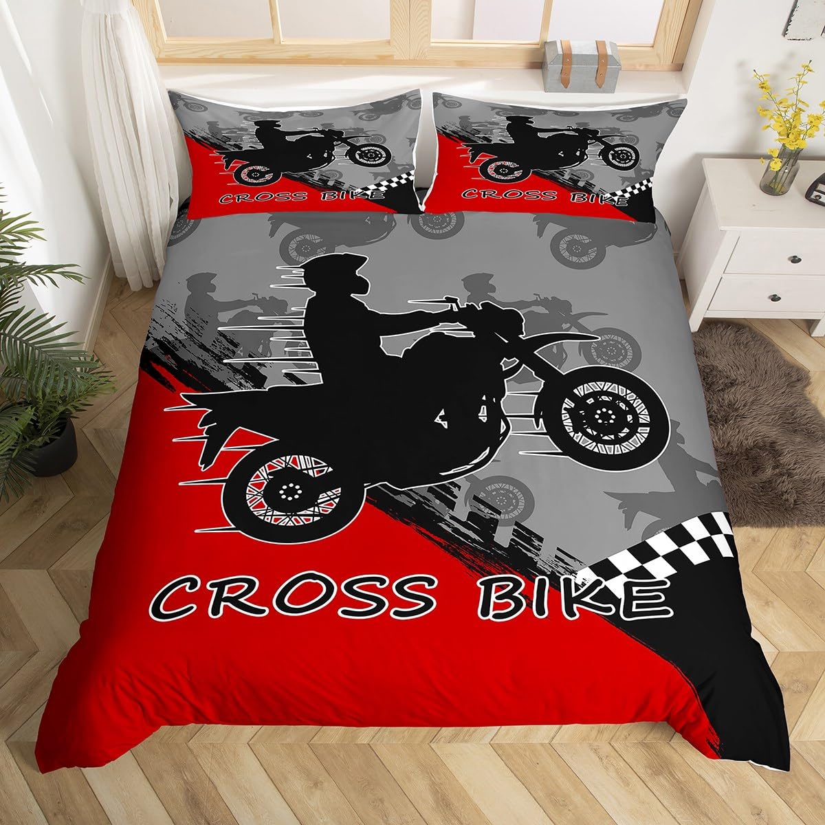 Homewish Dirt Bike Comforter Cover Extreme Sports Bedding Set Motocross Rider Duvet Cover, Cross Bike Motorcycle Red Bedspread Cover for Kids Boys Girls Adults Super King Size with 2 Pillow Cases… — image 1