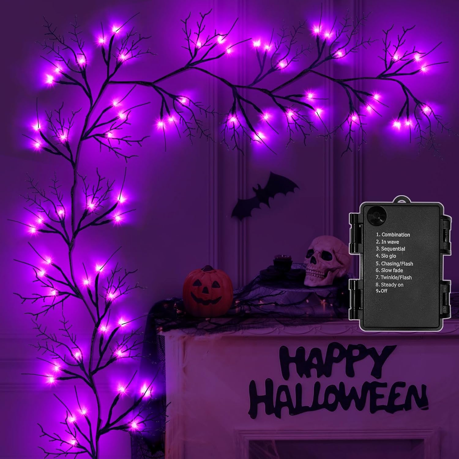 9 Ft 54 LED Halloween Willow Vine Twig Decor Garland Waterproof Battery Operated Halloween Decorations for Home Wall Mantle Fireplace Decor 9 FT Purple