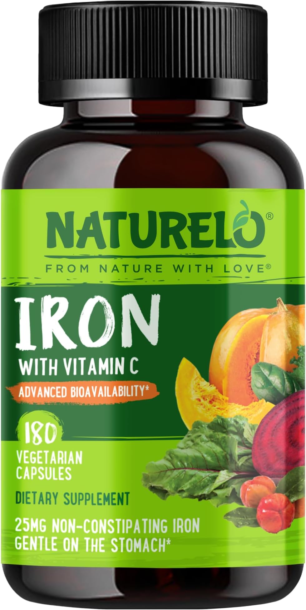Vegan Iron Supplement with Vitamin C and Organic Whole Foods - Gentle Iron Pills for Women & Men with Iron Deficiency Including Pregnancy, Anemia and Vegan Diets - 180 Mini Capsules