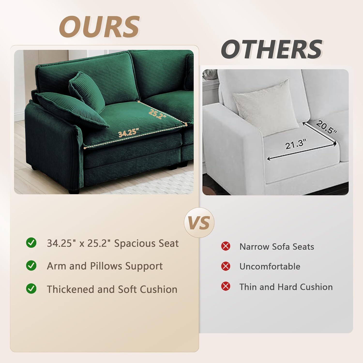 Modern Modular Sectional Sofa, 81" Oversized Upholstered Corduroy Loveseat Sofa, Comfy Cloud Deep Seat 2-Seater Sofa with Armrest and Throw Pillows for Living Room Bedroom Apartment, Green