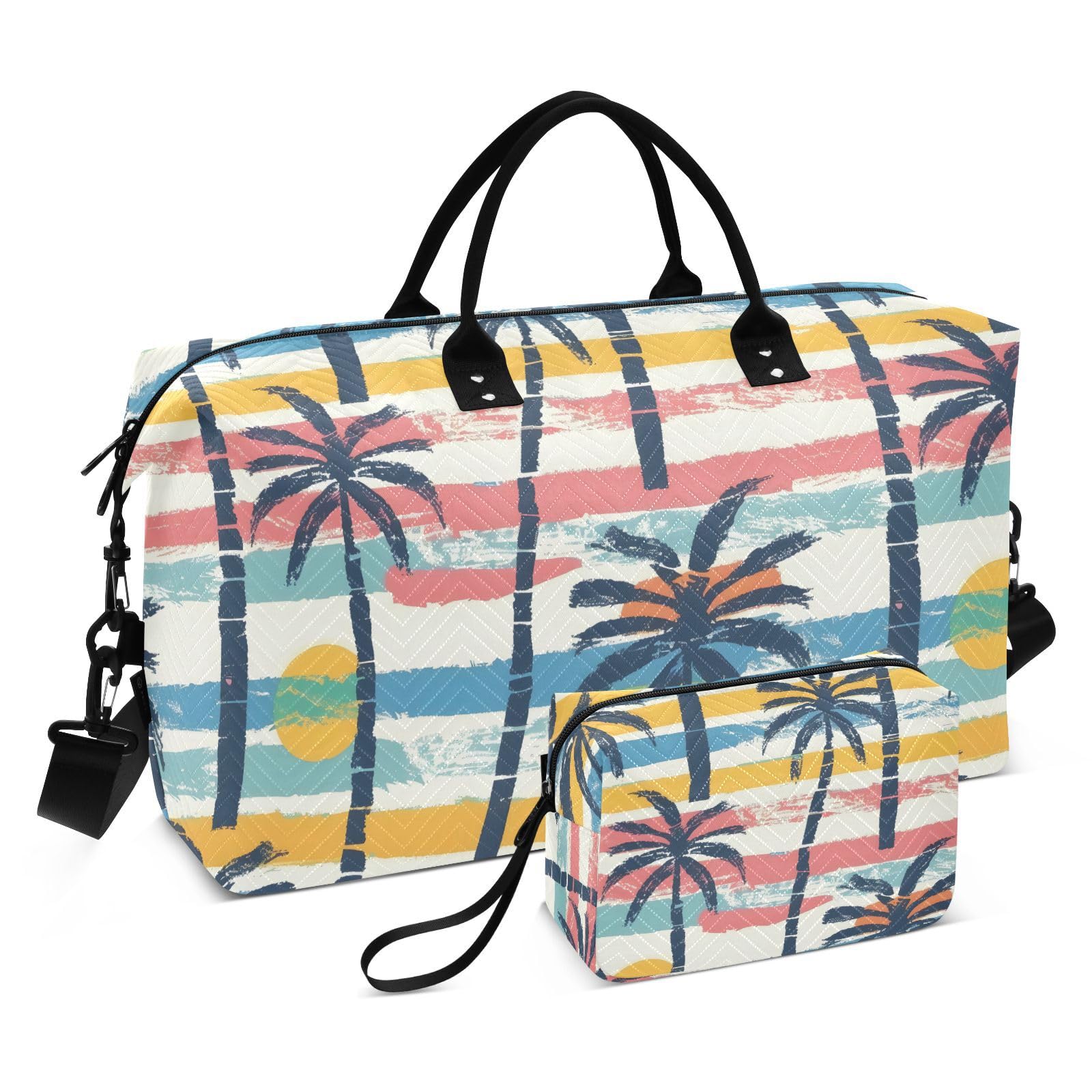 Travel Duffle Gym Bag, Retro Color Palm Tree Weekender for Women with Toiletry Bag Travel