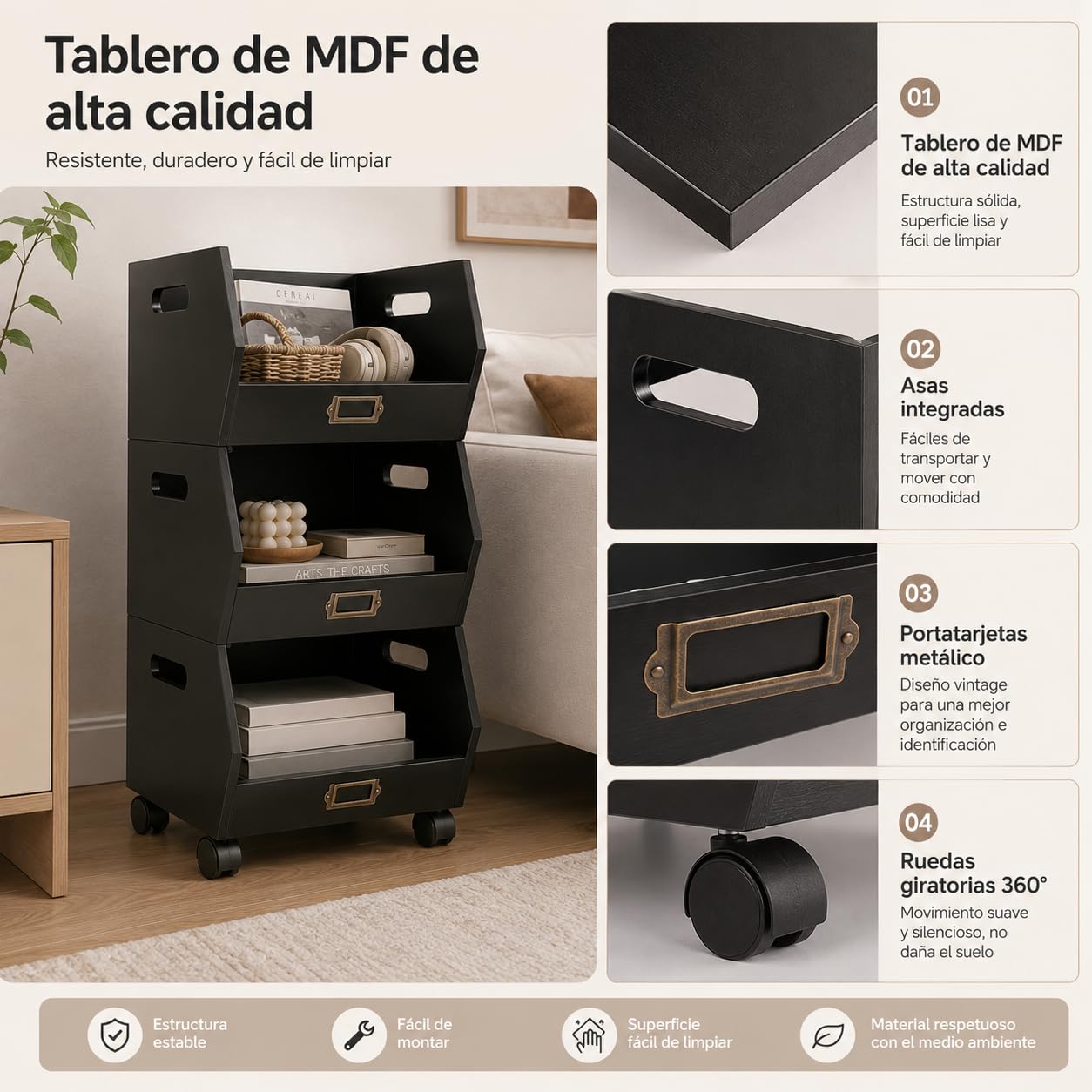 XZ-23007 Organizador Extraibles con Ruedas 3 Niveles Multiuso 32x28x60cm - Cajas de Almacenaje de Madera para Organizar Libros, Documentos, Frutas, Verduras Color Negro