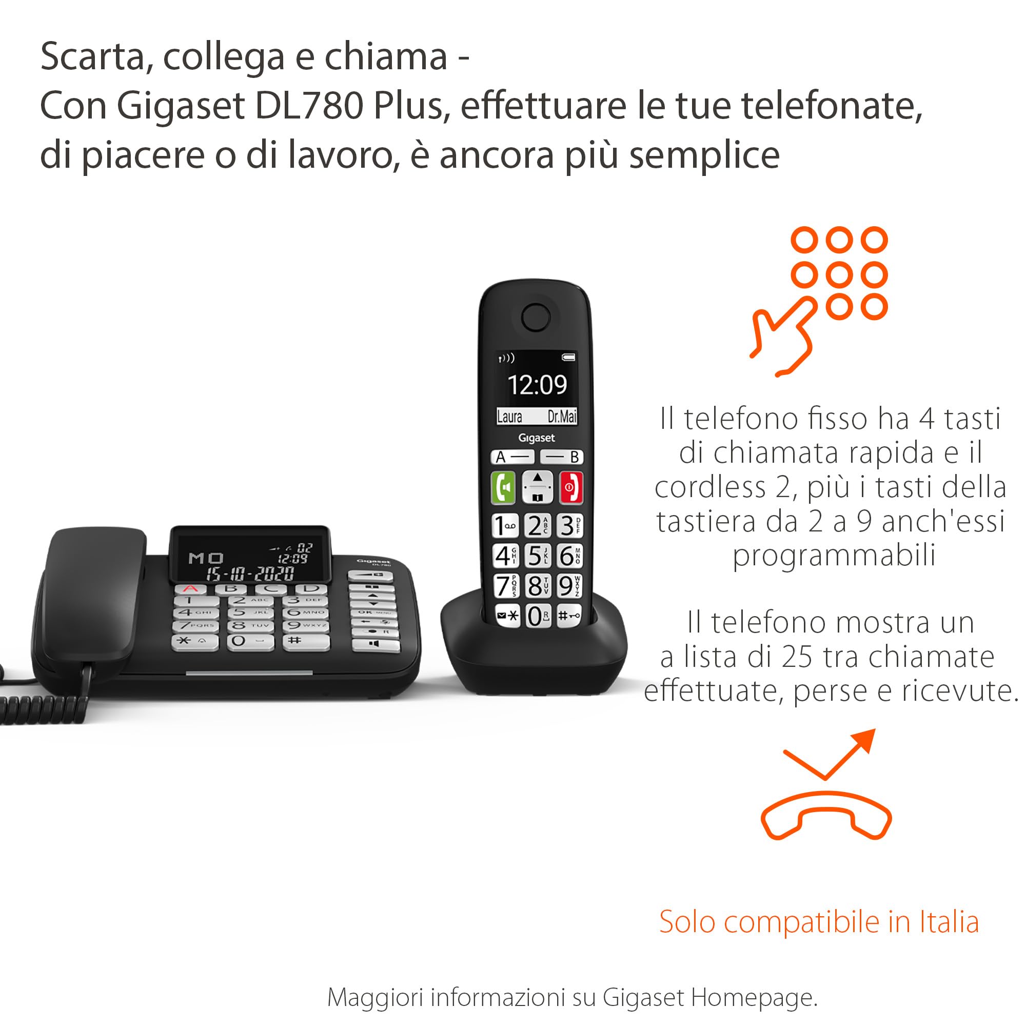 Gigaset DL780 Plus Telefono Fisso con Cornetta Cordless, Nero | Sincronizzazione chiamate, suonerie forti, [Versione Italiana]