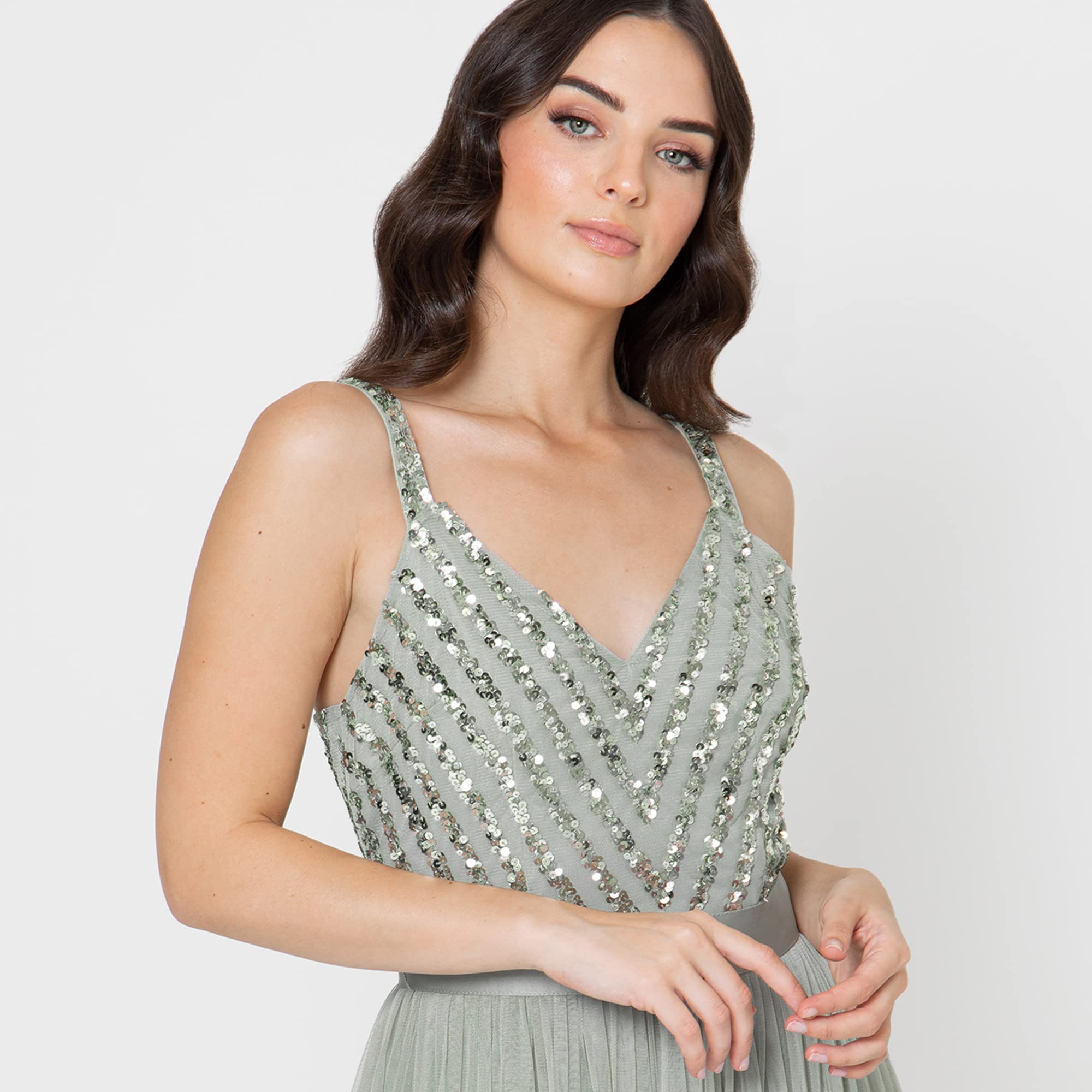 Maya Deluxe Maxi Abendkleid Damen Elegant für Hochzeit mit V-Ausschnitt Tüllkleid Damen mit Schleife Brautjungfernkleid