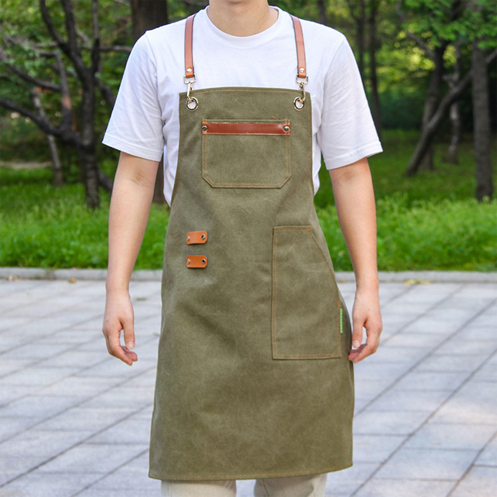 Delantal De Trabajo De Lona 2 Bolsillos Ajustable Espalda Cruzada Delantales para Barbacoa para Hombre Y Mujer Ideal para Barberos, Cocinas, Jardineros Brown,One Size