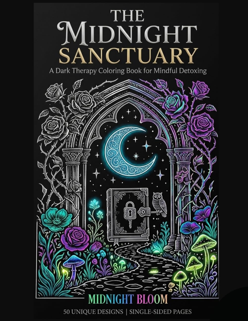 The Midnight Sanctuary: A Dark Therapy Coloring Book for Adults: 50 Majestic Black Background Pages (25 Unique Gothic Designs × 2 Copies Each) for Stress Relief, Anxiety, and Mindful Detoxing.
