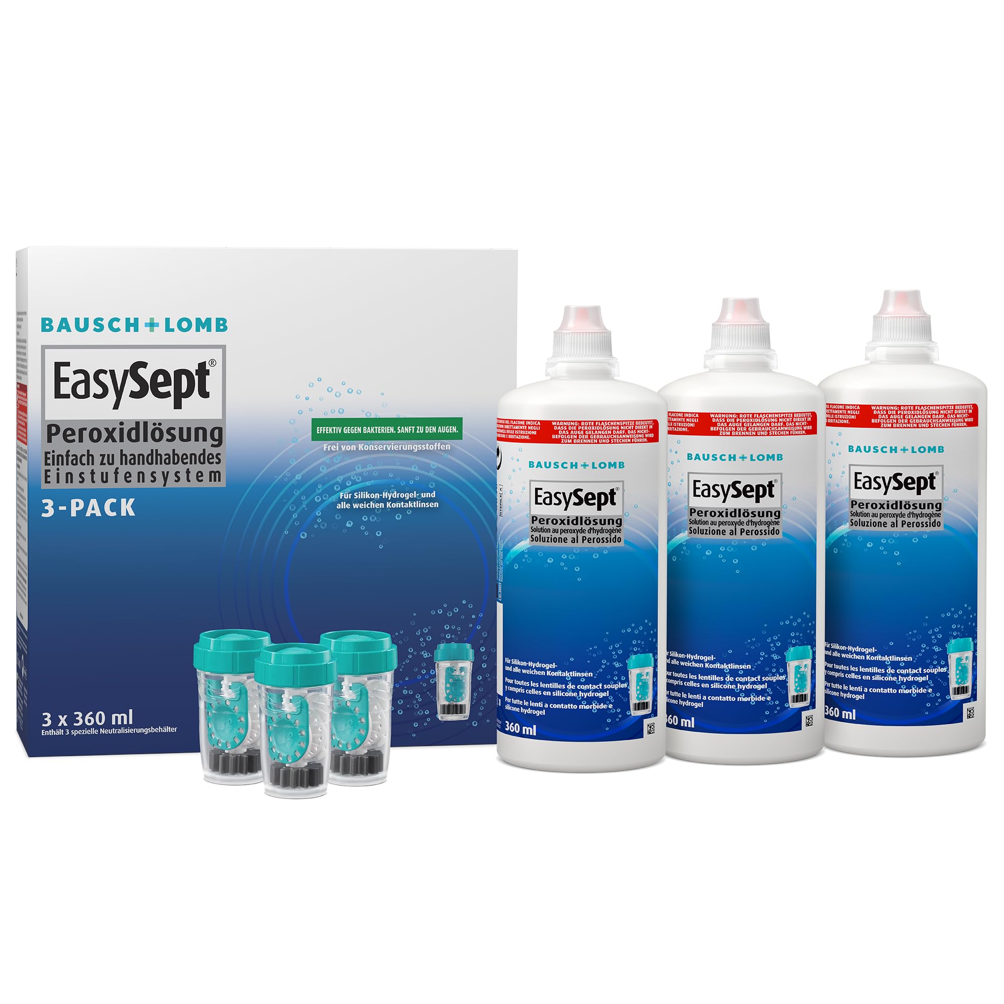 Bausch + Lomb EasySept Peroxidlösung - Kontaktlinsendesinfektions-Lösung für weiche Kontaktlinsen, Einstufen-Peroxidsystem mit Behälter, 3er Pack, 3 x 360 ml