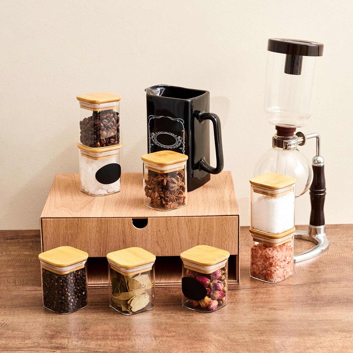 EZOWare - Lote de 12 tarros de especias cuadrados de cristal, 180 ml, pequeños frascos herméticos con tapa de bambú de almacenamiento para conservar especias de cocina, té, hierbas