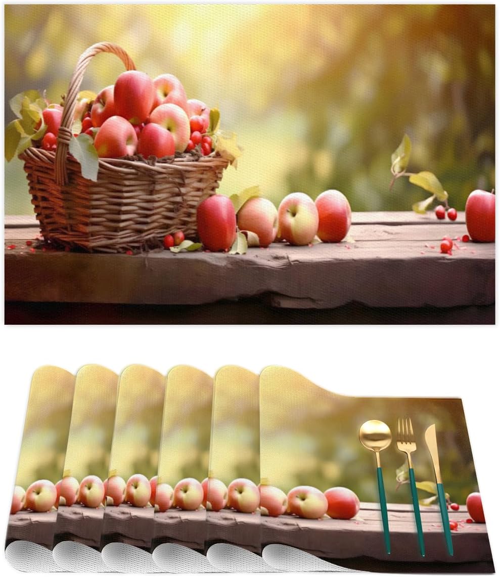 Apple Fall Fruit Basket Placemats Set of 6 PVC Vinyl Non Slip Table Mats Heat Resistant Place Mats Washable Wipeable Dining Table Mat for Kitchen Decor Party Indoor Outdoor Decorative Gift