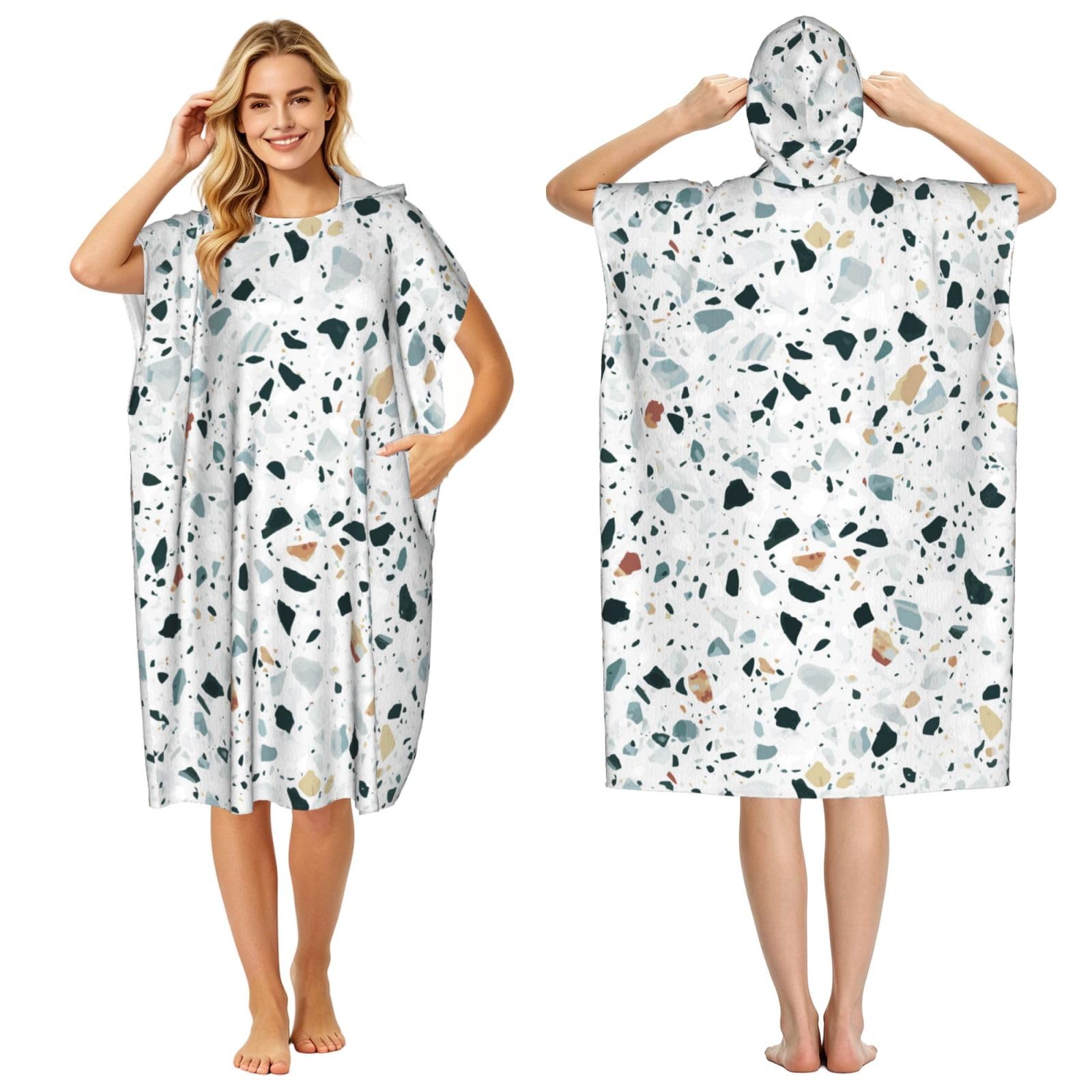 Poadnly Terrazzo Marble Pastel, Adult Hooded Beach Towel 90 x 110 cm,Changing Bath Robe, Surf Poncho Towel For Women Men