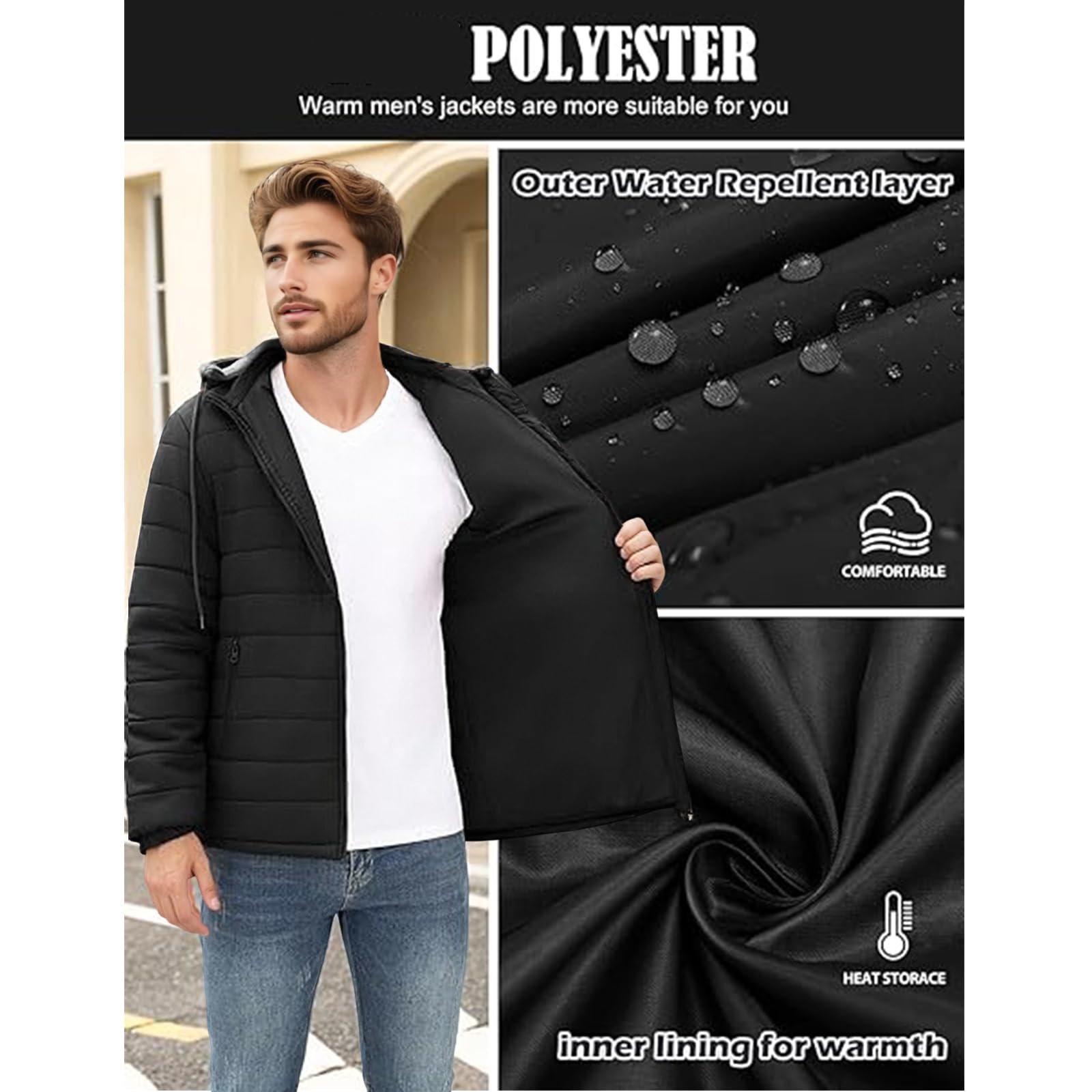 Giubbino Uomo Autunno Invernale Piumino Caldo Casual Tinta Unita Giacca Impermeabile Giubbotto Comodo Trapuntato Trekking Antivento con Zip e Cappuccio Piumini per Quotidiano Lavoro Scuola Moto