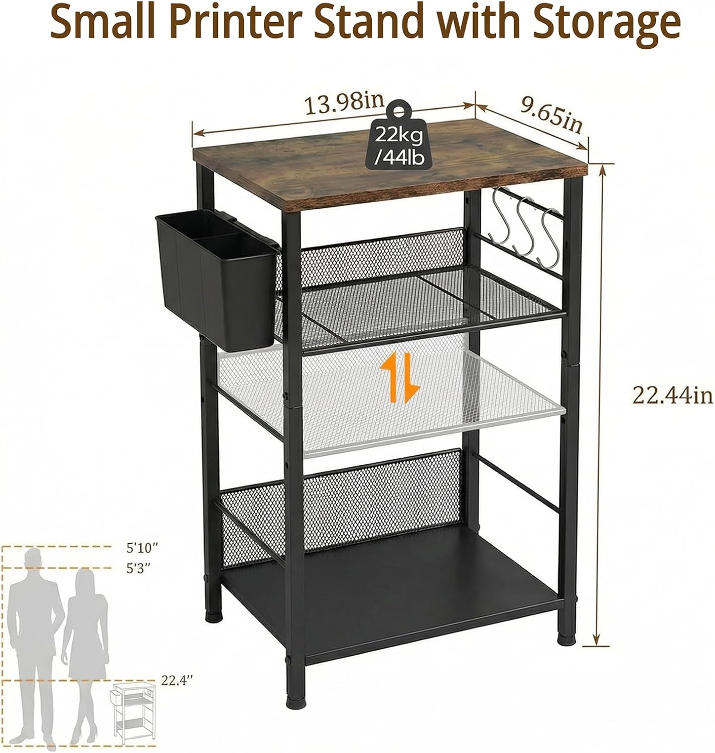 3 Tier Printer Stand for Under Desk, Height Adjustable Shelf Small Printer Table with 3 S-Hooks & Basket, Heavy Duty Industrial Storage Shelf for Home Office (Rustic Brown)