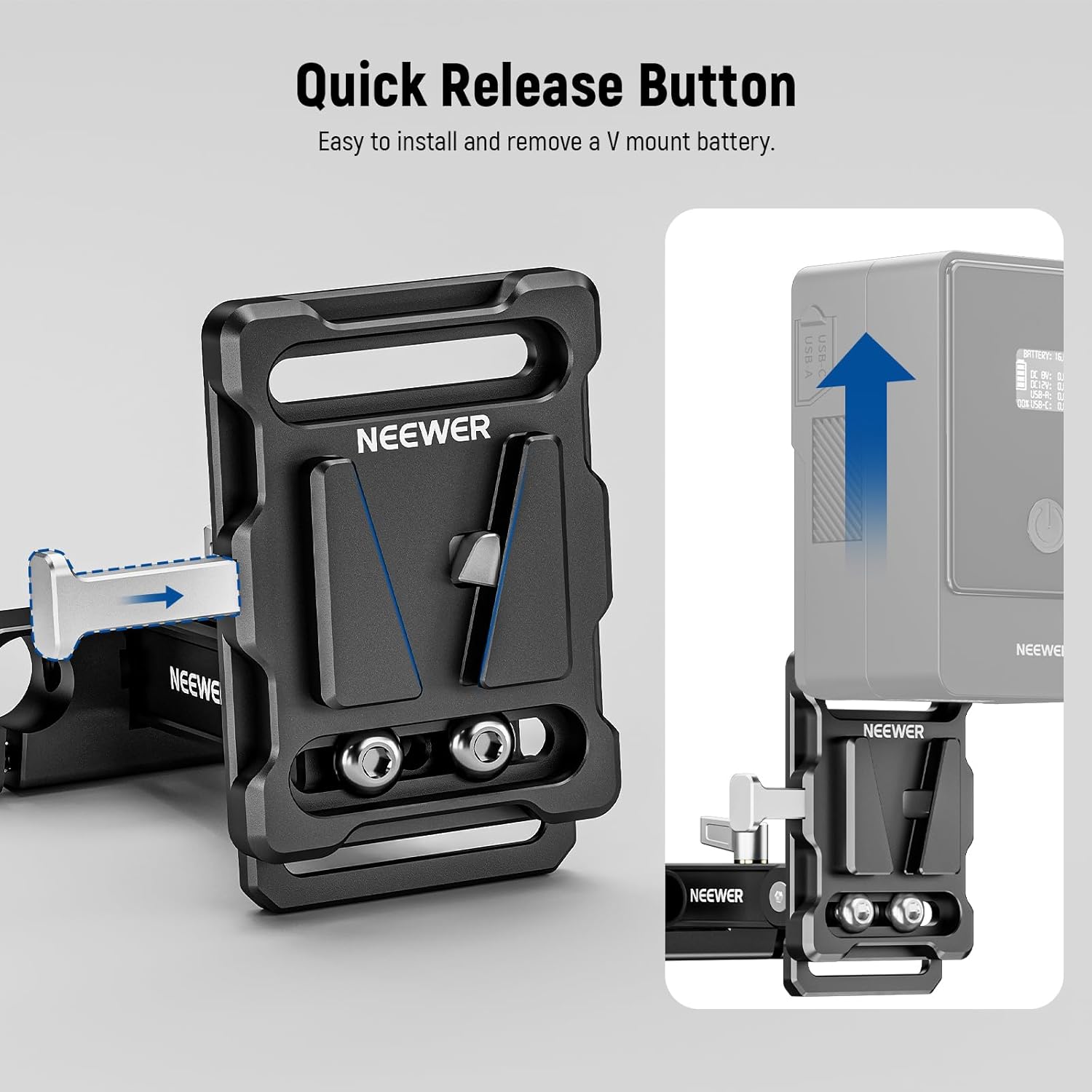 Neewer Mini V Mount Battery Plate with 15mm LWS Rod Clamps, 180° Tilt Foldable L Shaped V Lock Battery Plate with Quick Release Button, Compatible with SmallRig Shoulder Rig Sony FXLION Nano, PS007