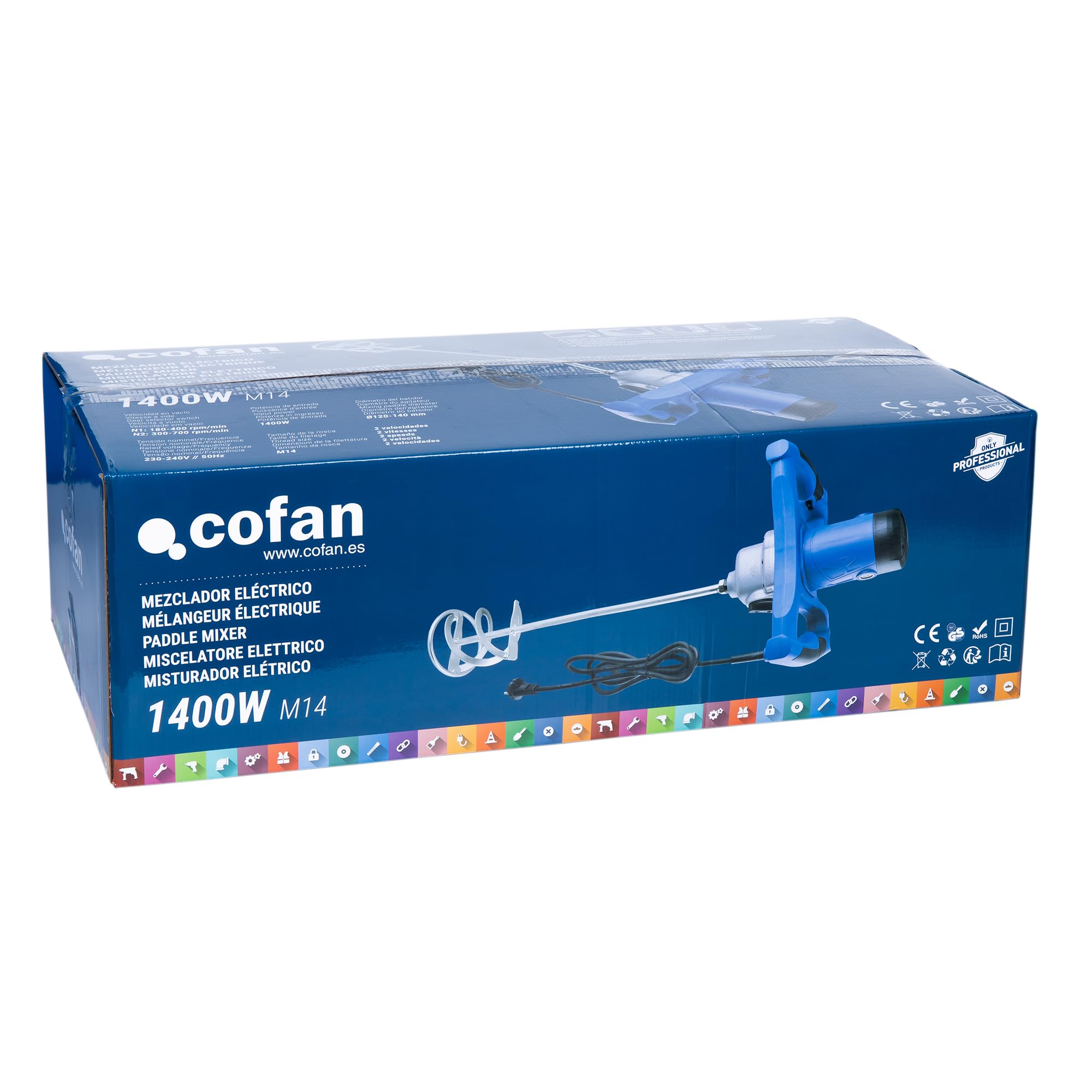 Cofan Mezclador de pintura y mortero | Taladro de hormigón eléctrico | Agitador M14 | Varilla mezcladora incluida | 2 velocidades | Potencia: 1400 W