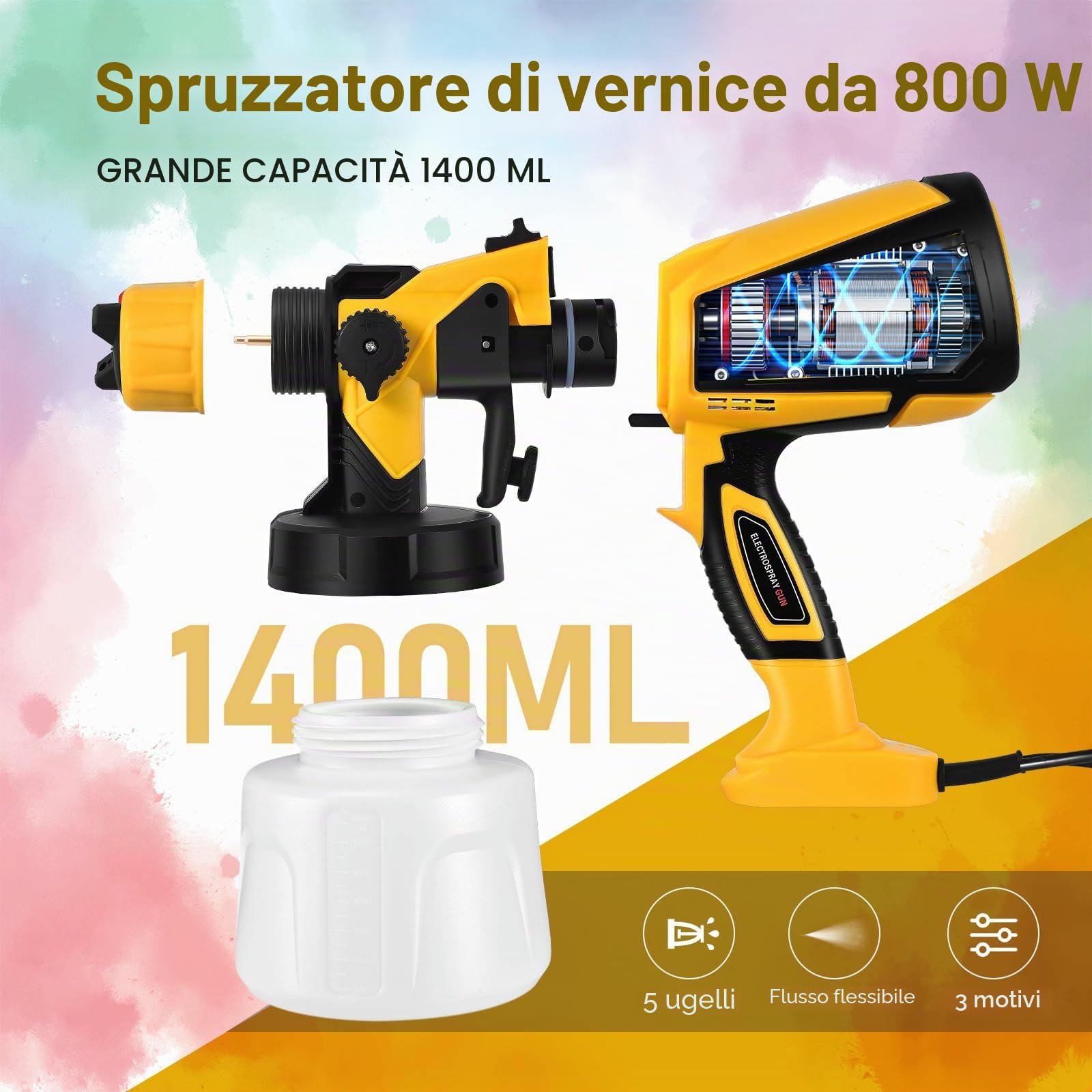 Pistola a Spruzzo,1400ml 800W HVLP Pistola a Spruzzo per Verniciare da 5 Ugelli e 3 Modalità,Capacità pistola a spruzzo elettrica, Per Vernici & Pareti & Interni ed Esterni（Giallo）