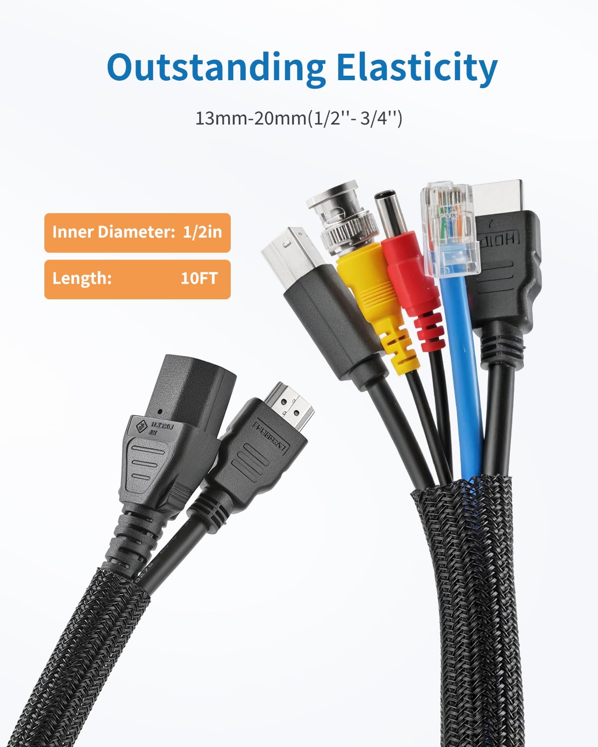 Yecaye 10ft - 1/2 inch Cord Protector Cable Sleeve, Split Braided Wire Loom Tubing for TV Computer USB Cable Power Cord, Cable Management Cord Protectors from Pets Cat no Chew, Black (with 10 Zipties) - 3