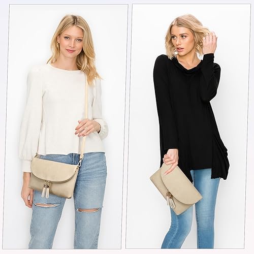 Vista 7 de Solene Bolso de mano para mujer, con múltiples compartimentos, 6 ranuras para tarjetas en el interior, bolsa cruzada con borlas