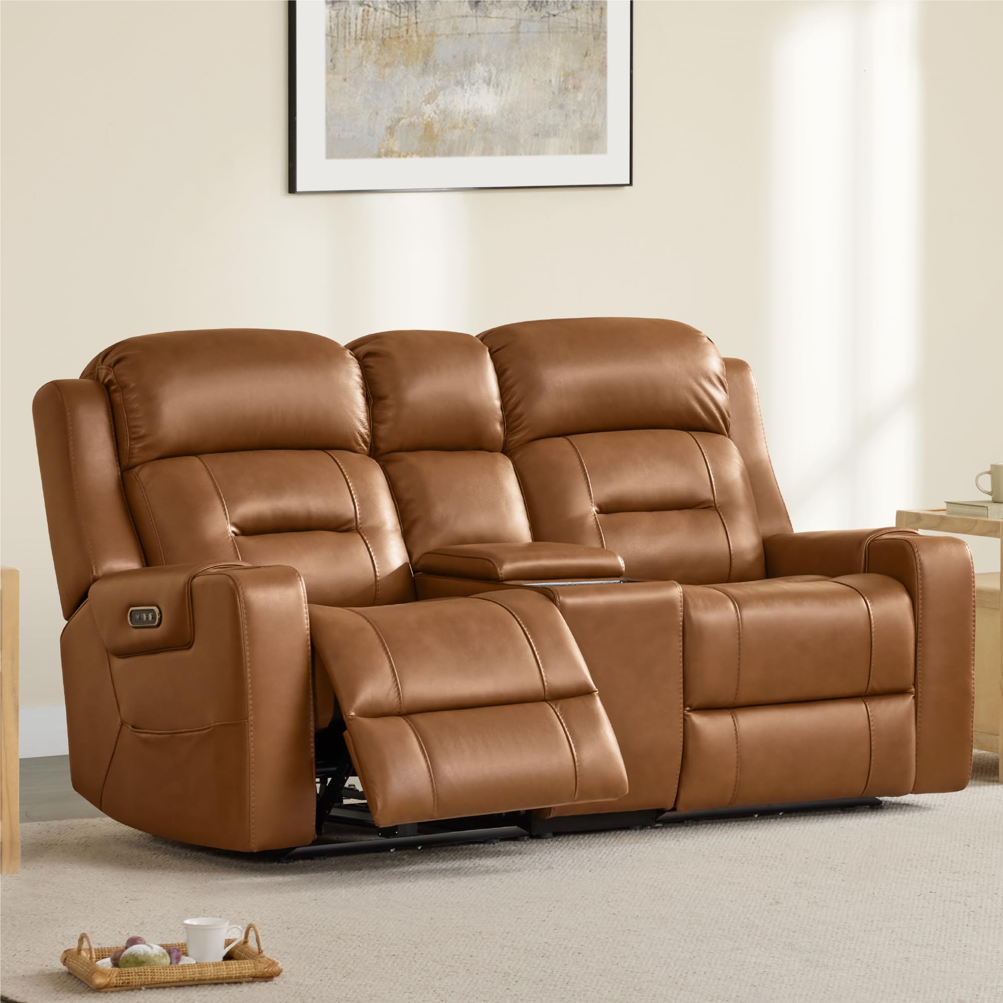 Watson Whitely Genuine Leather Power Loveseat Recliner Sofa Lay Flat Reclining Sofa with Console Power Headrest Cup Holders