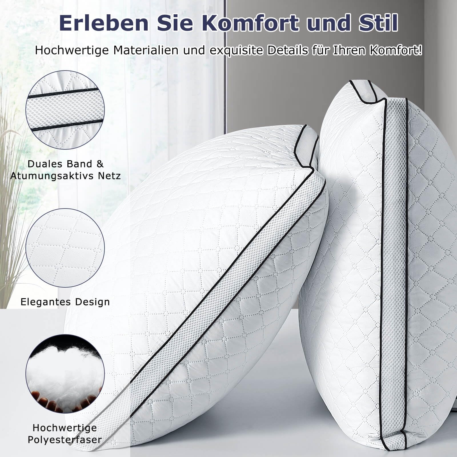 Kopfkissen 80x80 cm 2er Set, orthopädisches Seitenschläferkissen mit Premium Füllung, Atmungsaktives Nackenkissen, Schlaf-,Sitz-,Bett-,Sofa-Kissen für Allergiker weich und stützend waschbar
