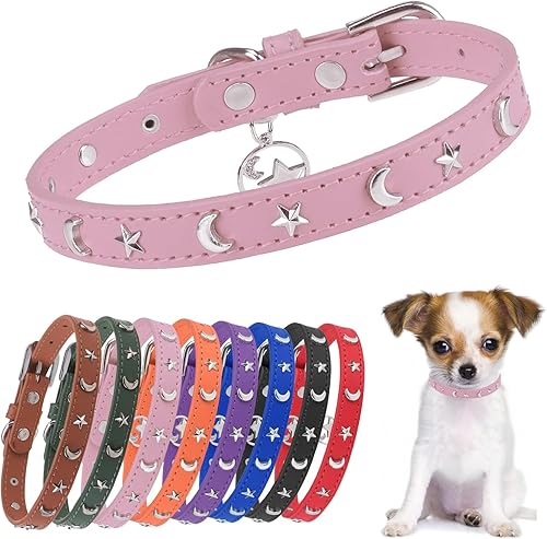 DILLYBUD Collar de cuero para perros pequeños y medianos, collares ajustables con tachuelas de estrella y luna con hebilla de metal inoxidable y DILLYBUD Collar de cuero para perros pequeños y medianos, collares ajustables con tachuelas de estrella y luna con hebilla de metal inoxidable y
