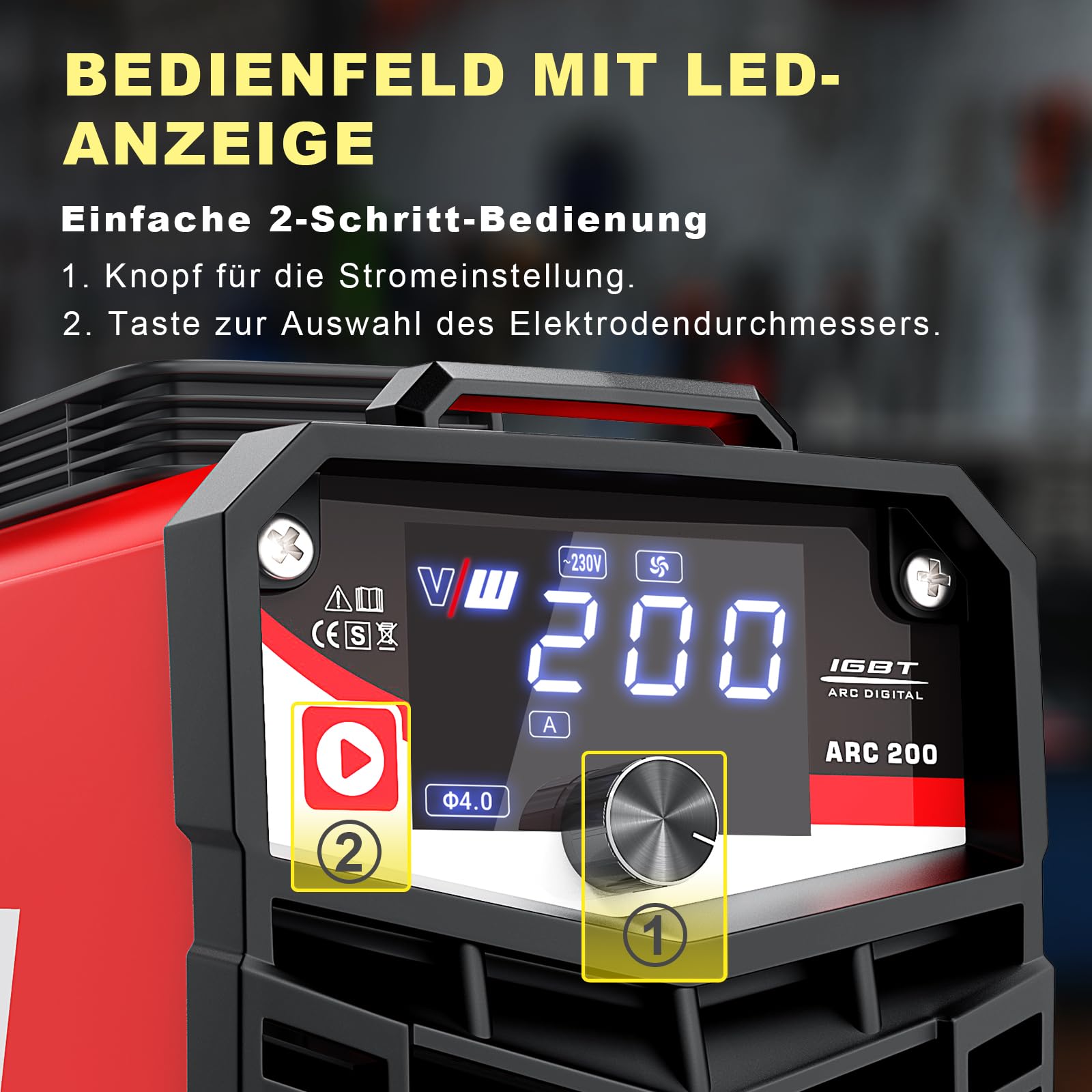 VECTOR WELDING Elektroden Schweißgerät Set, Schweißgerät Elektrode ARC 200, Inverter Elektro Schweissgerät - Digitales Display - Inklusive Schweißhelm und umfassendem Zubehör