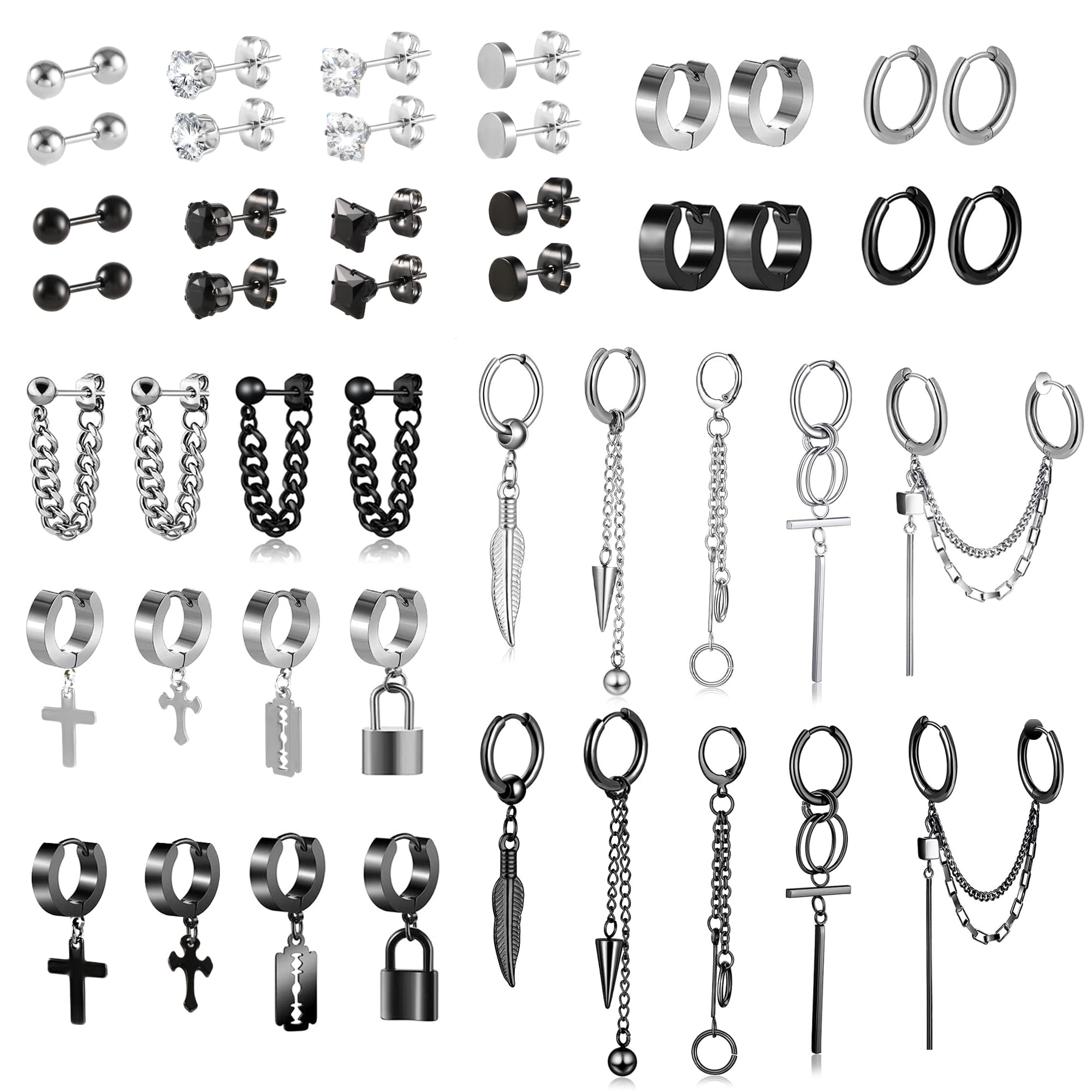 ASH'S CHOICE Pendientes de acero inoxidable para hombre, paquete múltiple, pendientes de aro, pendientes pequeños, pendientes de plata negra, acero quirúrgico multifuncional, colgante de cruz de acero inoxidable