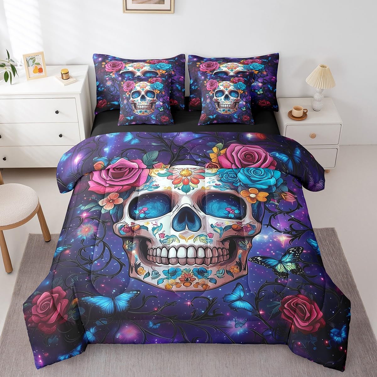 Erosebridal Wolf Bedding Twin Size 7pcs Bed in a Bag, Roaring Wolves Wildlife Soft Kids Boys Comforter Set, Aurora Animals Galaxy Printed Bedding Comforter Sets, Black Green Mountains Bed Sheets Set